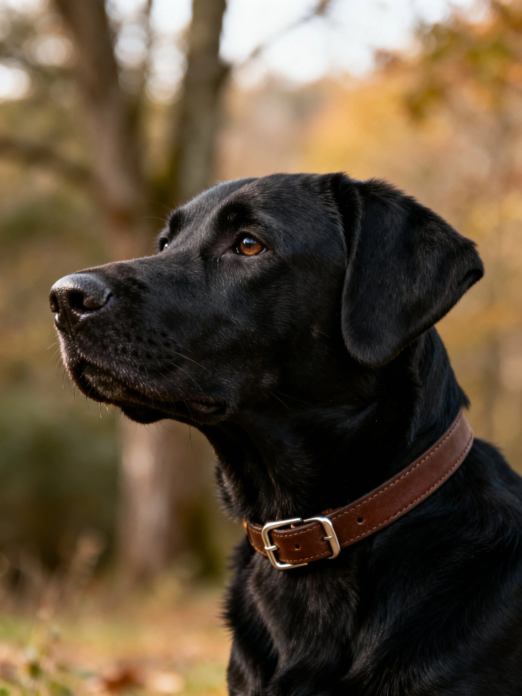 A black dog with a brown collar stands in a wooded area with autumn foliage.