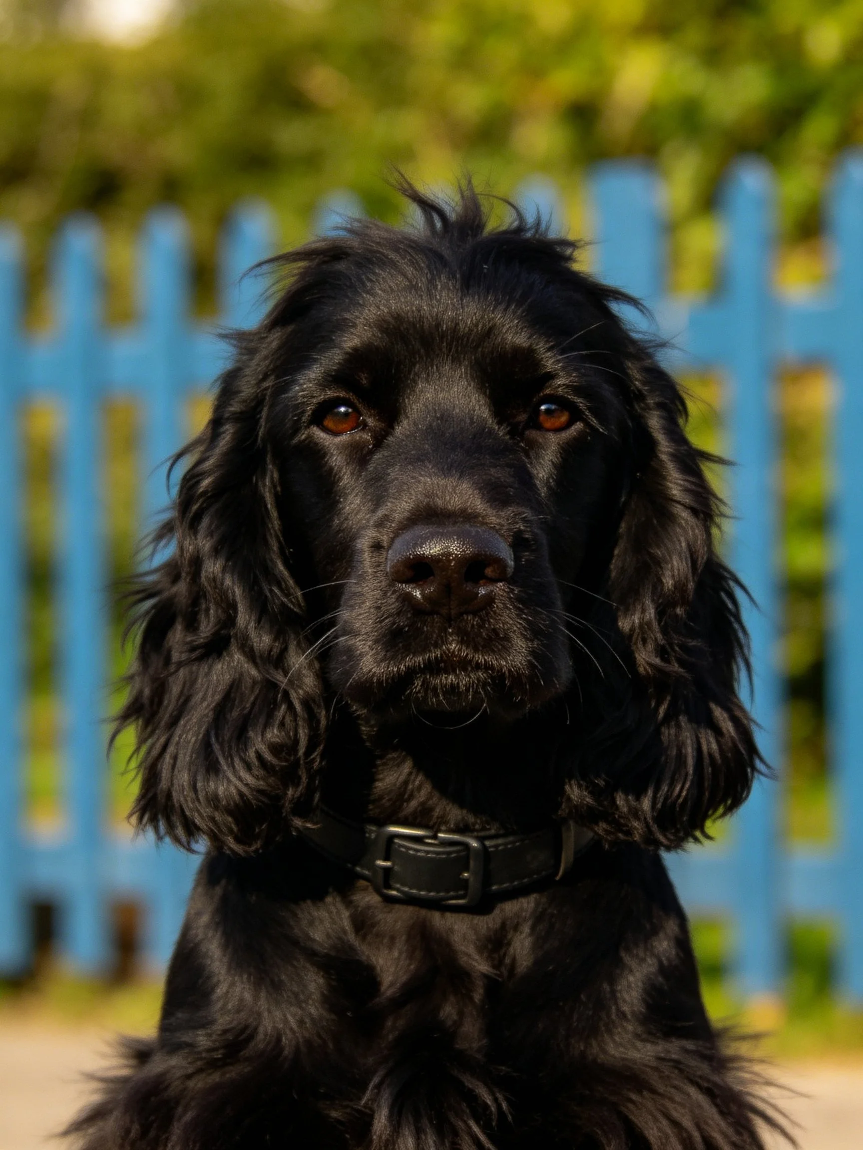 Black dog with curly fur by blue picket fence