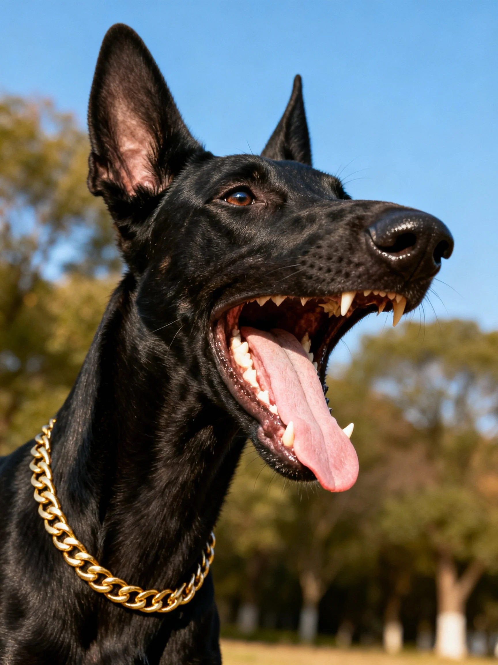 Black dog with gold chain collar panting in sunny outdoor setting