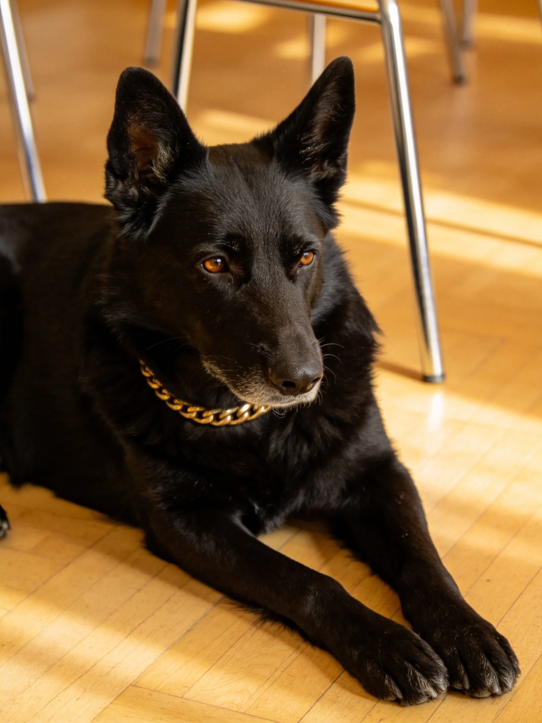Black dog with gold chain resting on wooden floor near metal chairs