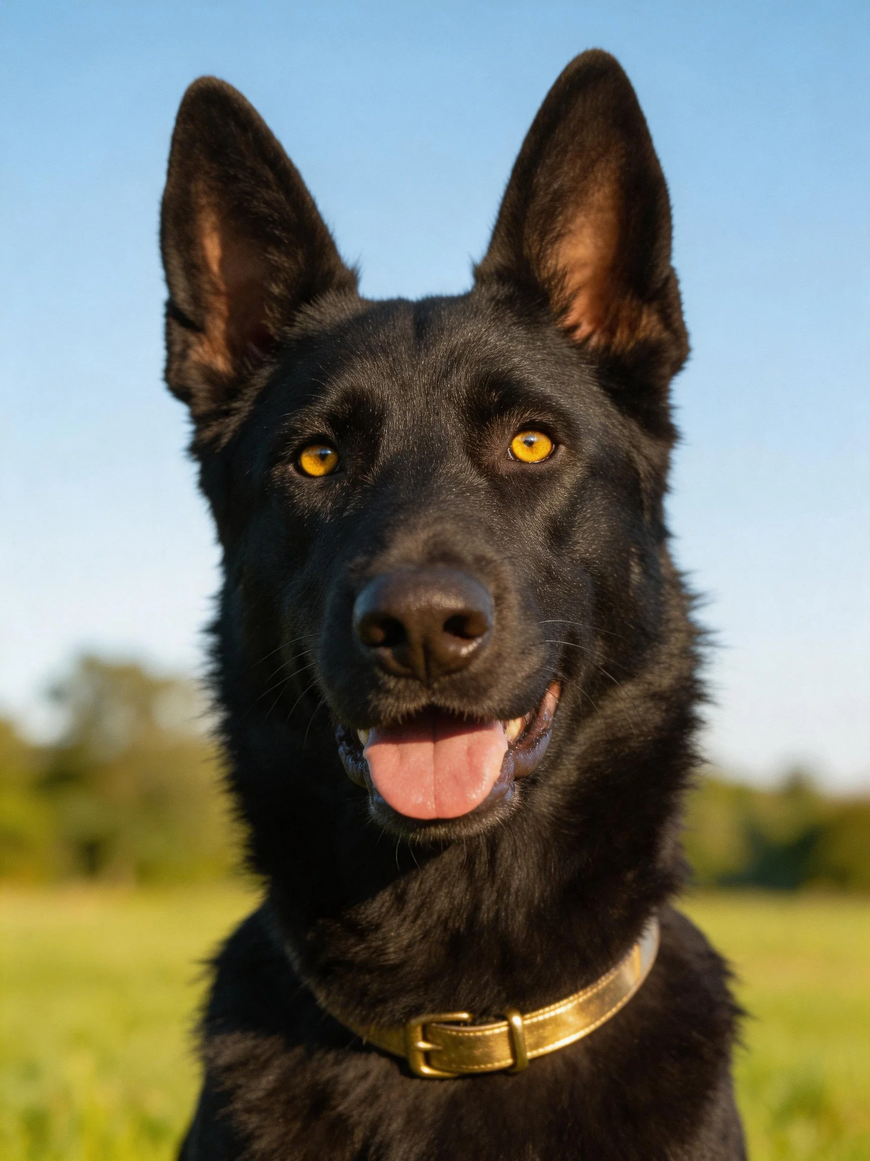 A black dog with yellow eyes appears cheerful in an outdoor setting.
