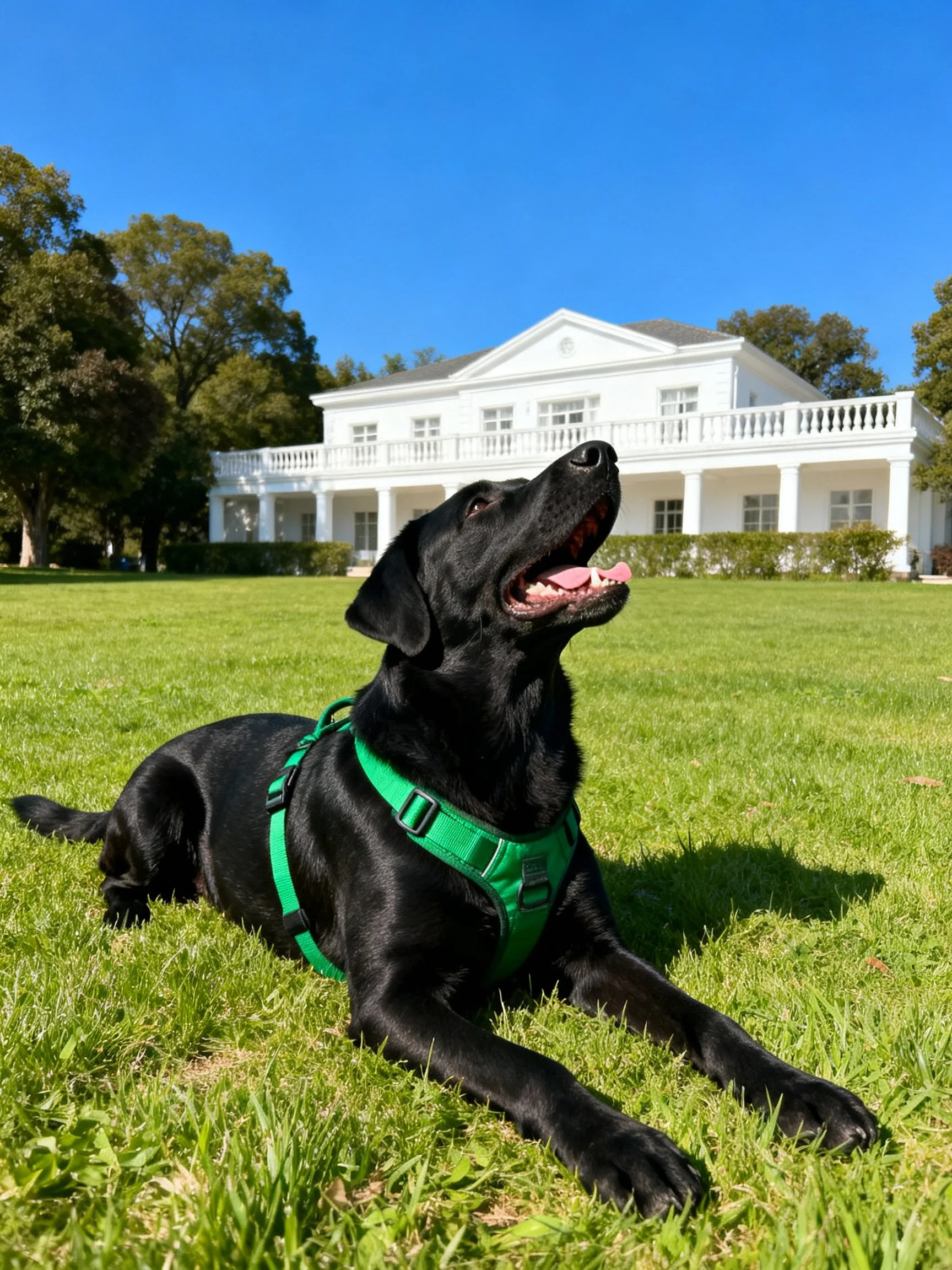 Black dog with green harness resting on grass near white mansion