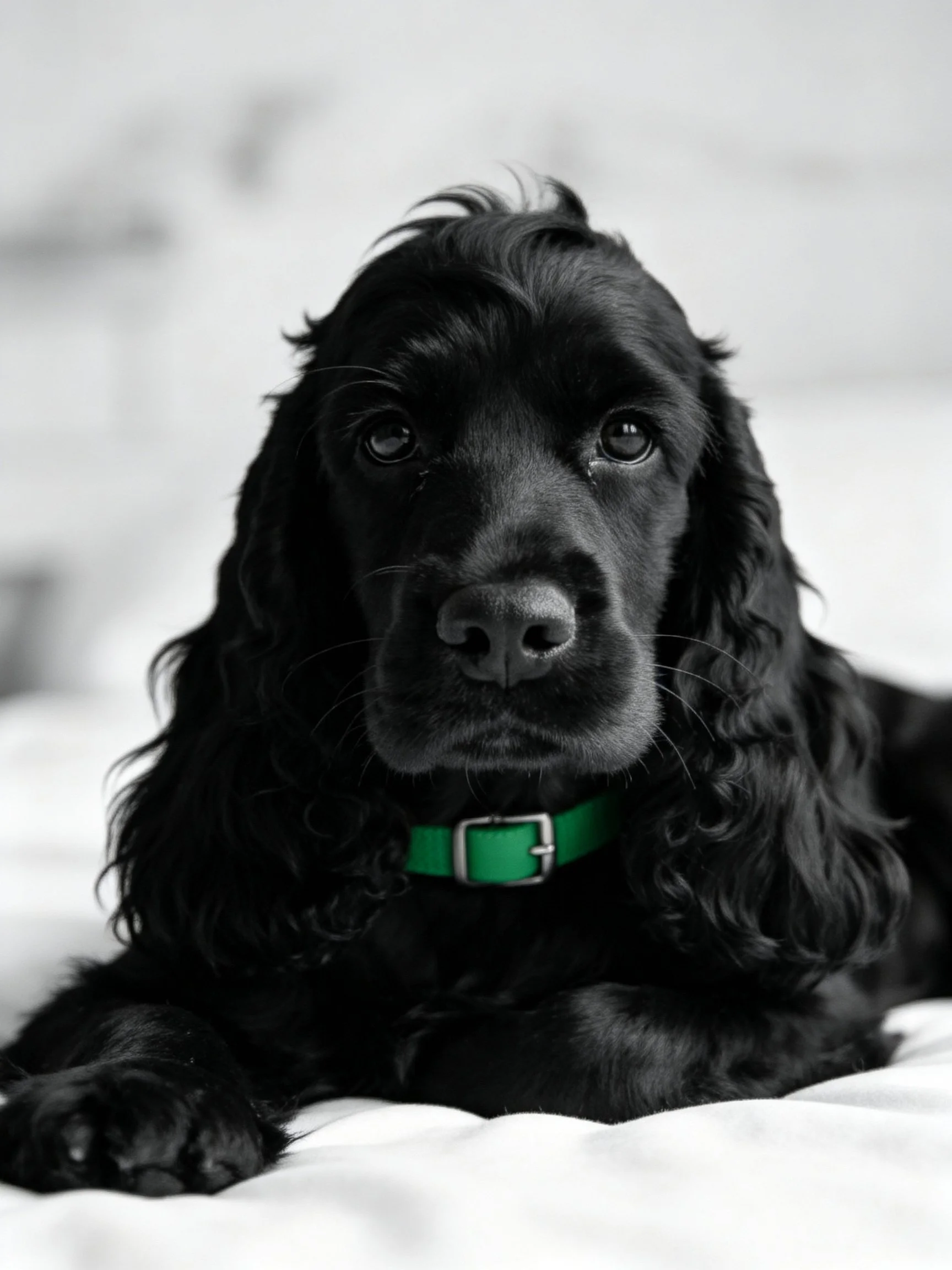 Black dog with long curly fur sports a bright green collar