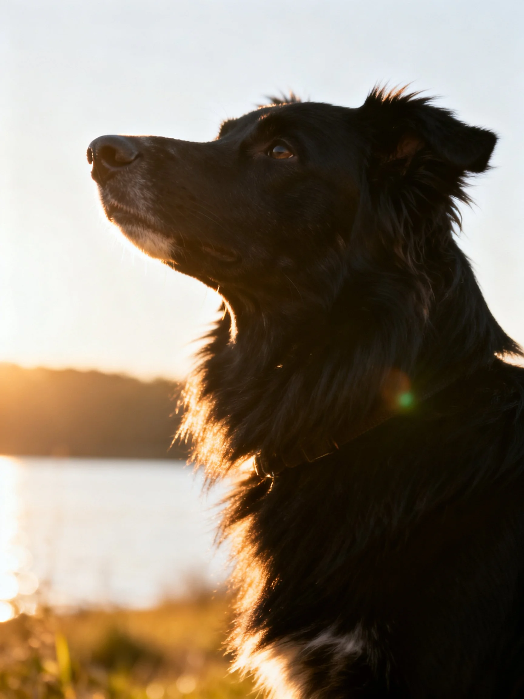 Black dog with long fur gazing upward at sunset near water