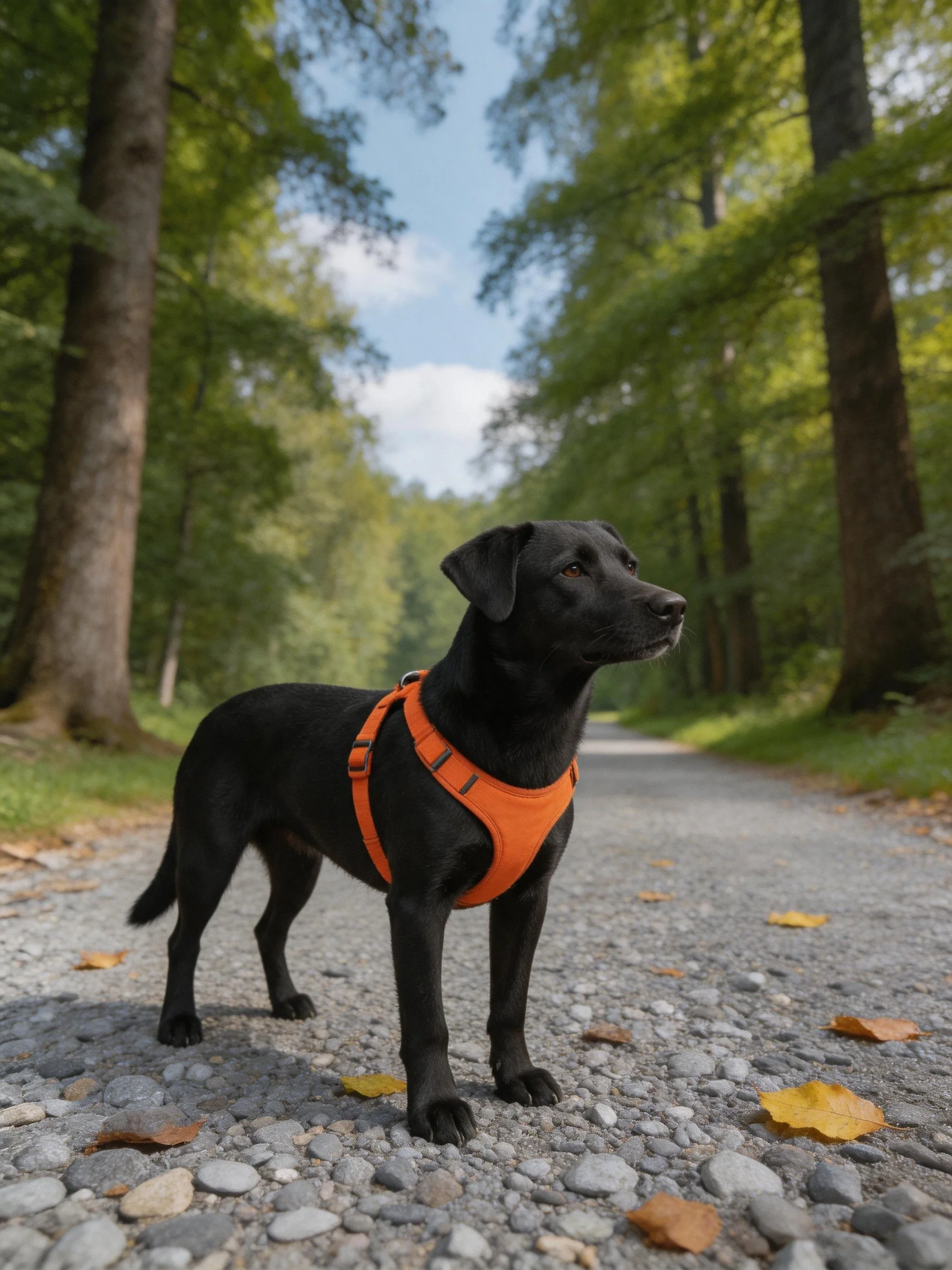 Black dog with orange harness on gravel path in wooded area