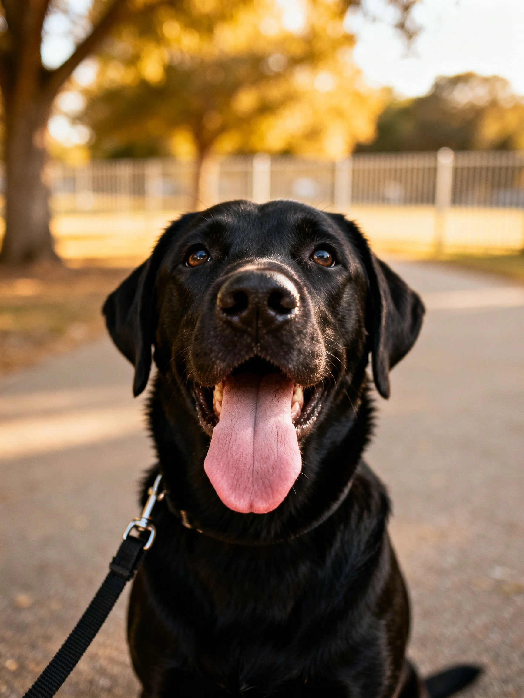 Black dog with pink tongue sitting outdoors near a tree
