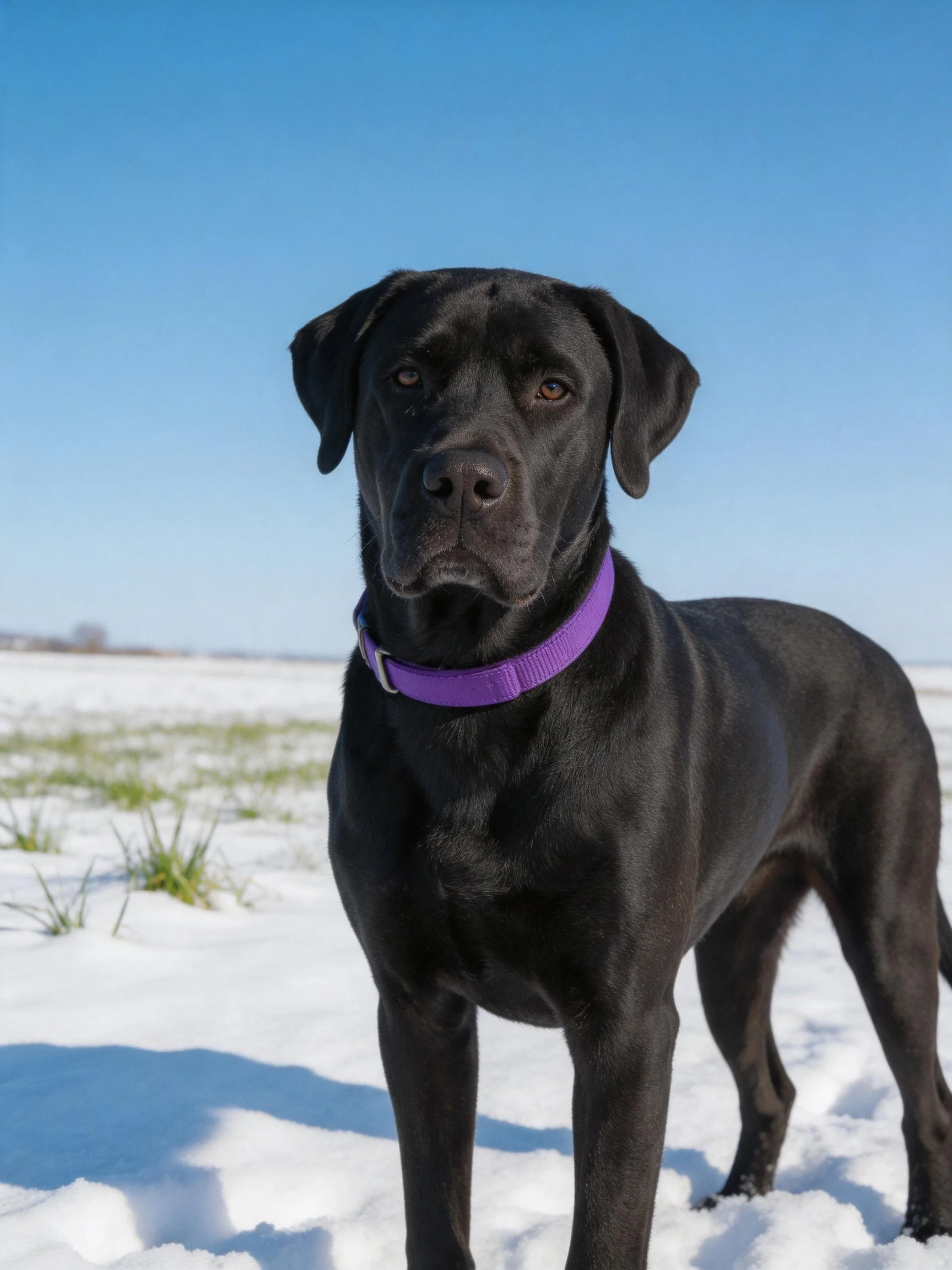 A black dog wearing a purple collar stands on a snowy landscape.