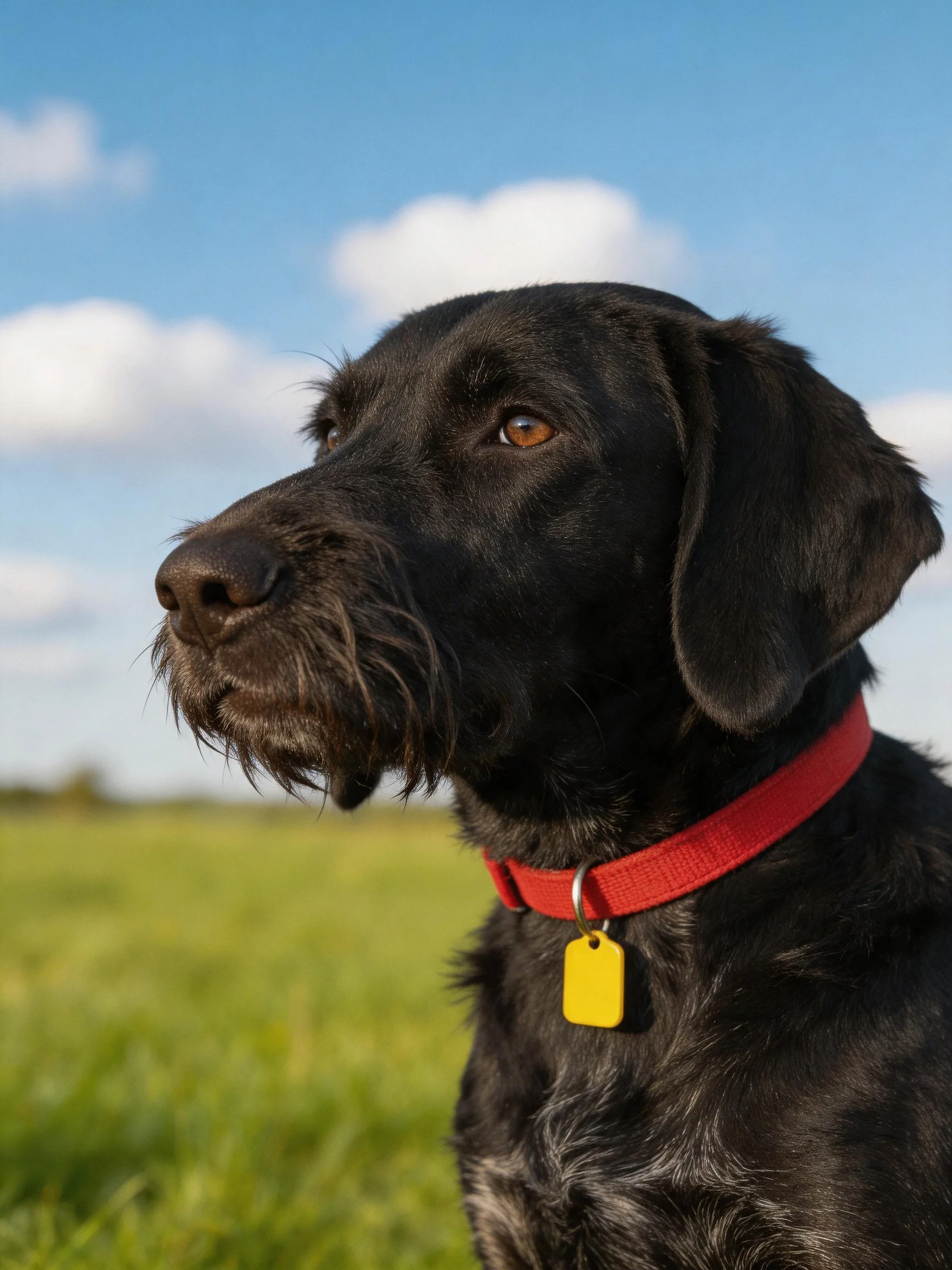 A black dog with a red collar gazes at the open field.