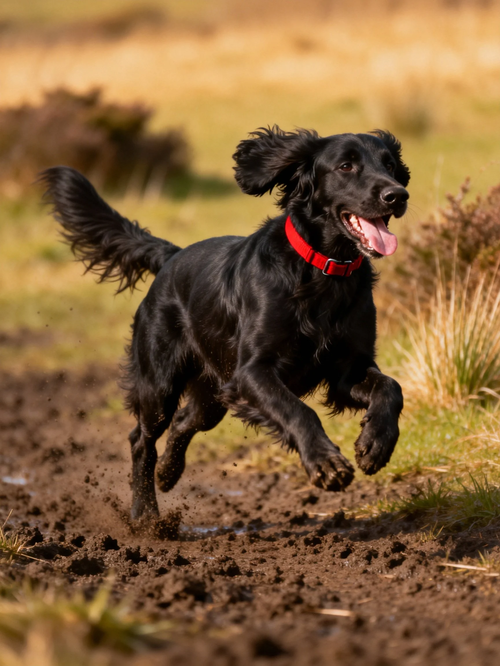 Black dog with red collar running through muddy outdoor landscape