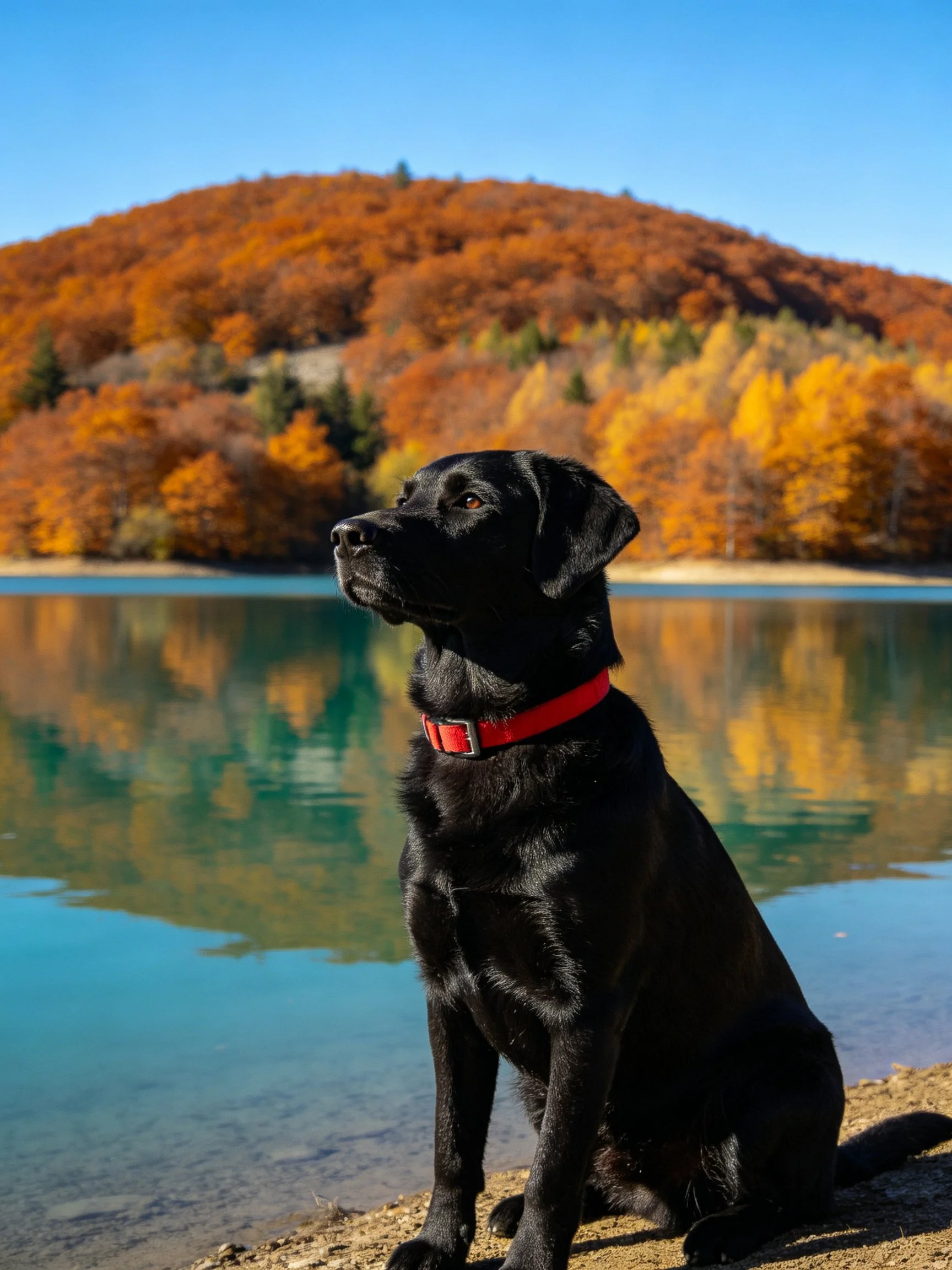 A black dog with a red collar sits by a calm lake among autumnal hills.