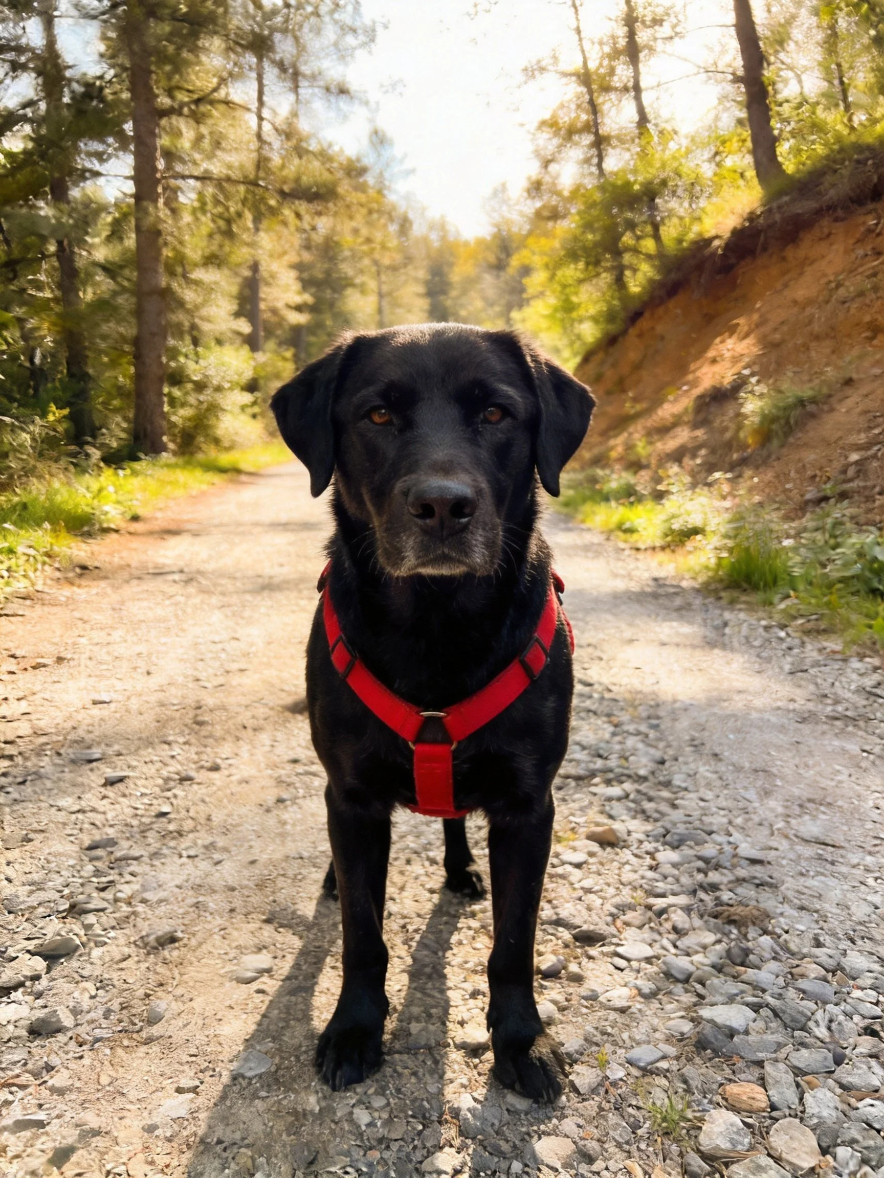 Black dog with red harness on gravel forest path