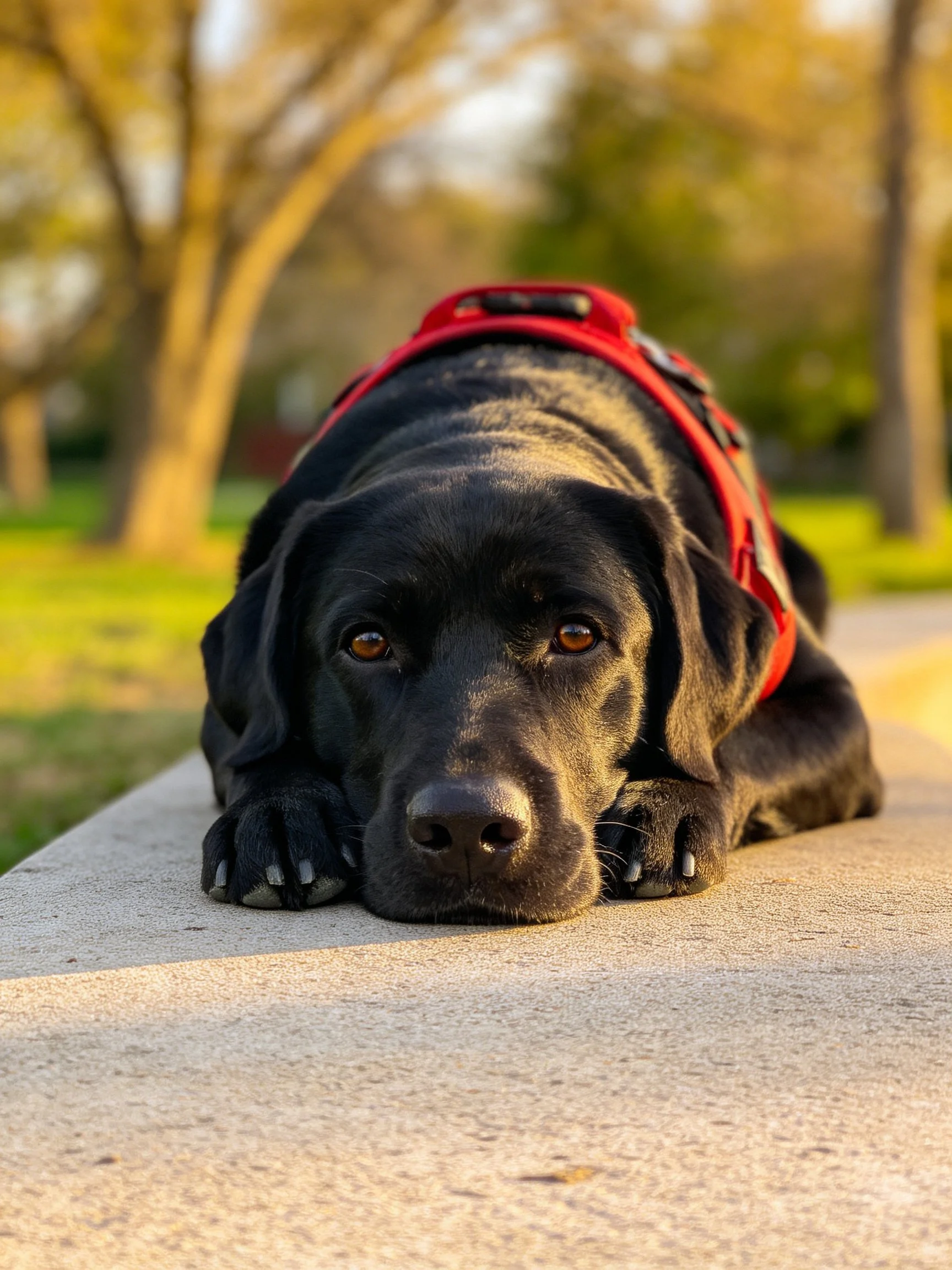 Black dog with red harness resting on concrete path