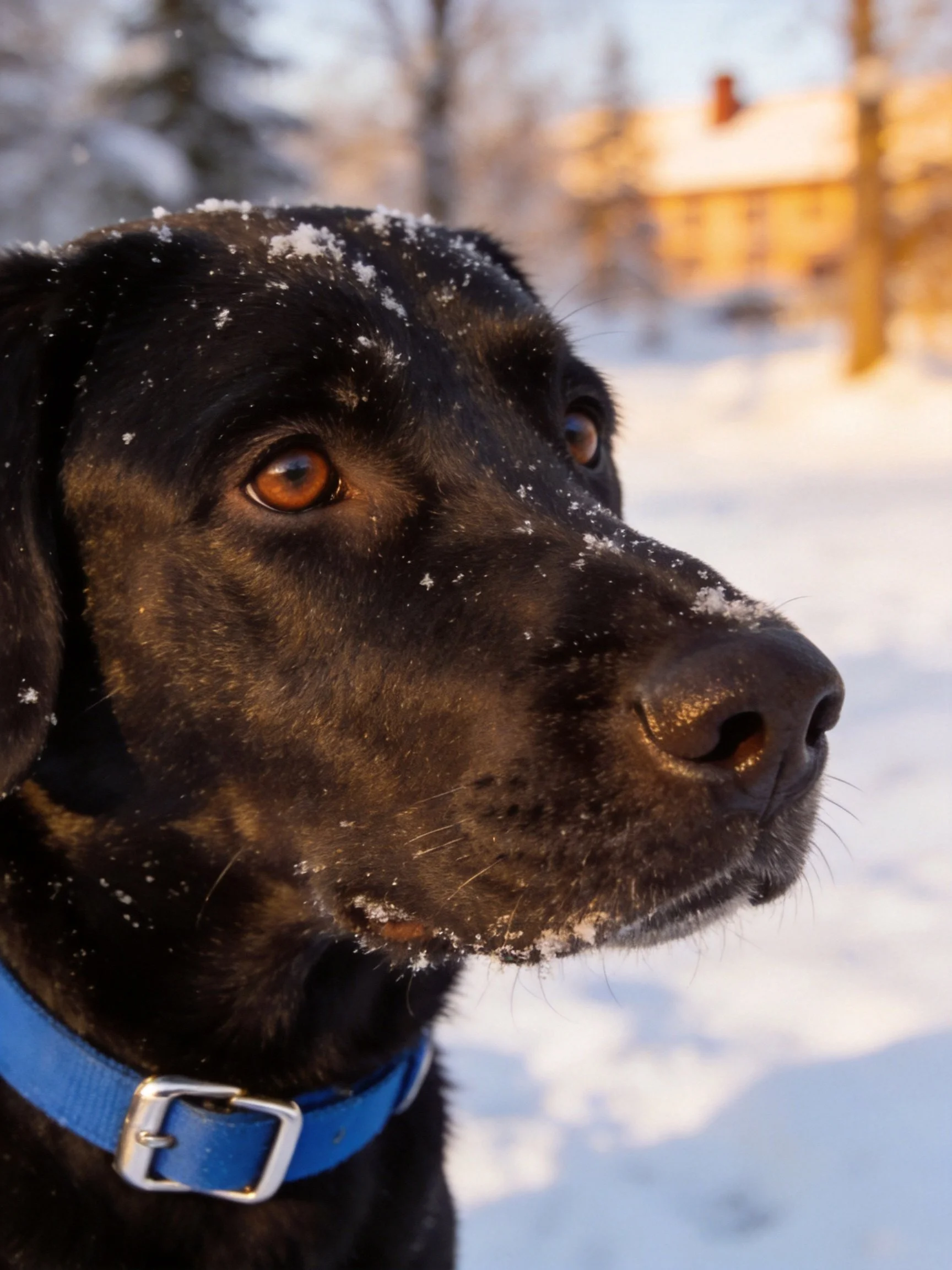A black dog with snow on its head is in a snowy outdoor area.
