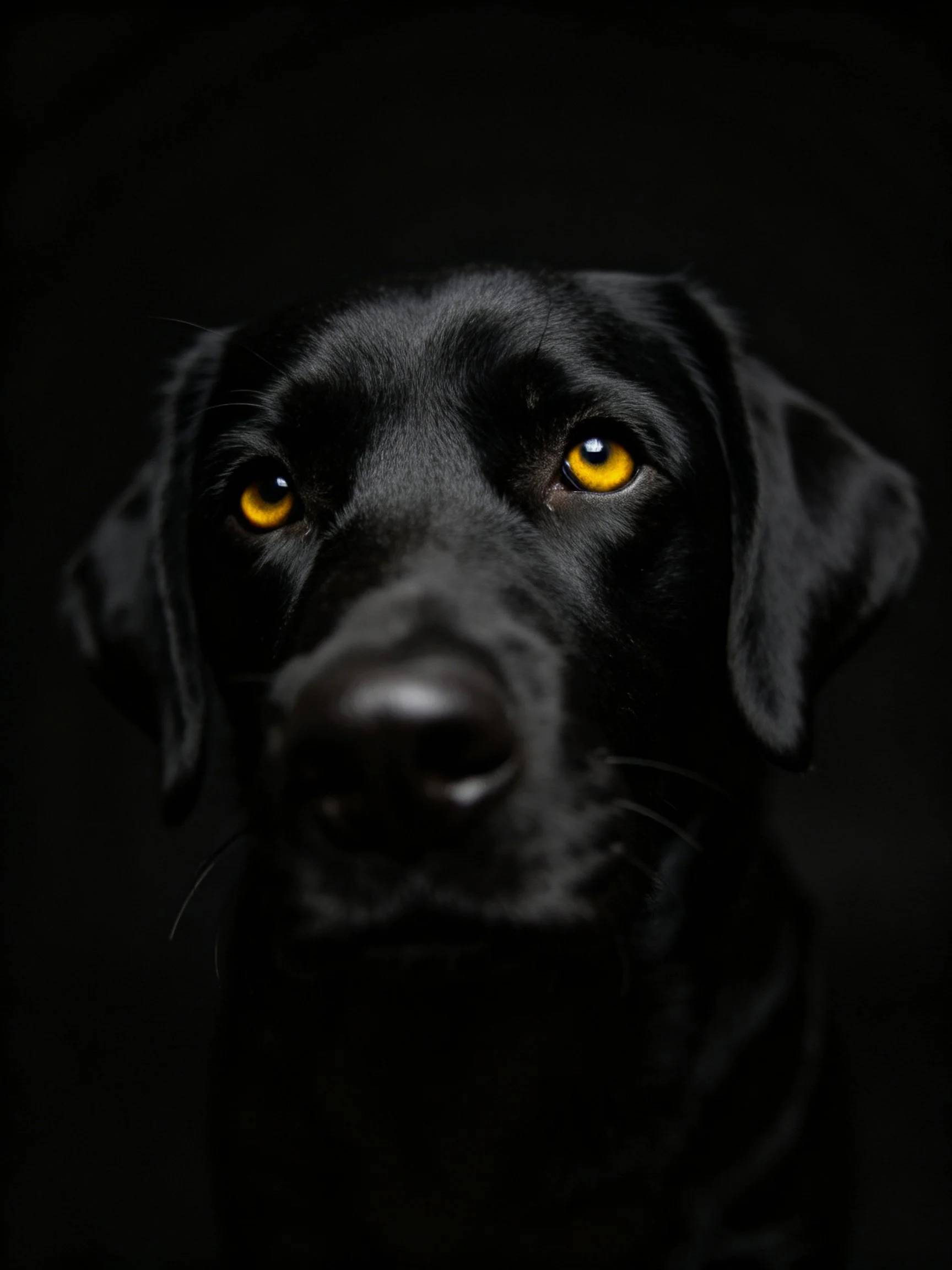 A black dog looks directly ahead with bright yellow eyes in a dark environment.