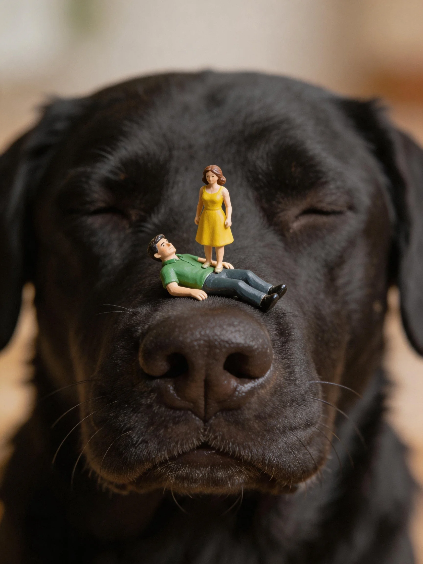 Two miniature human figurines rest on a black dog’s nose.