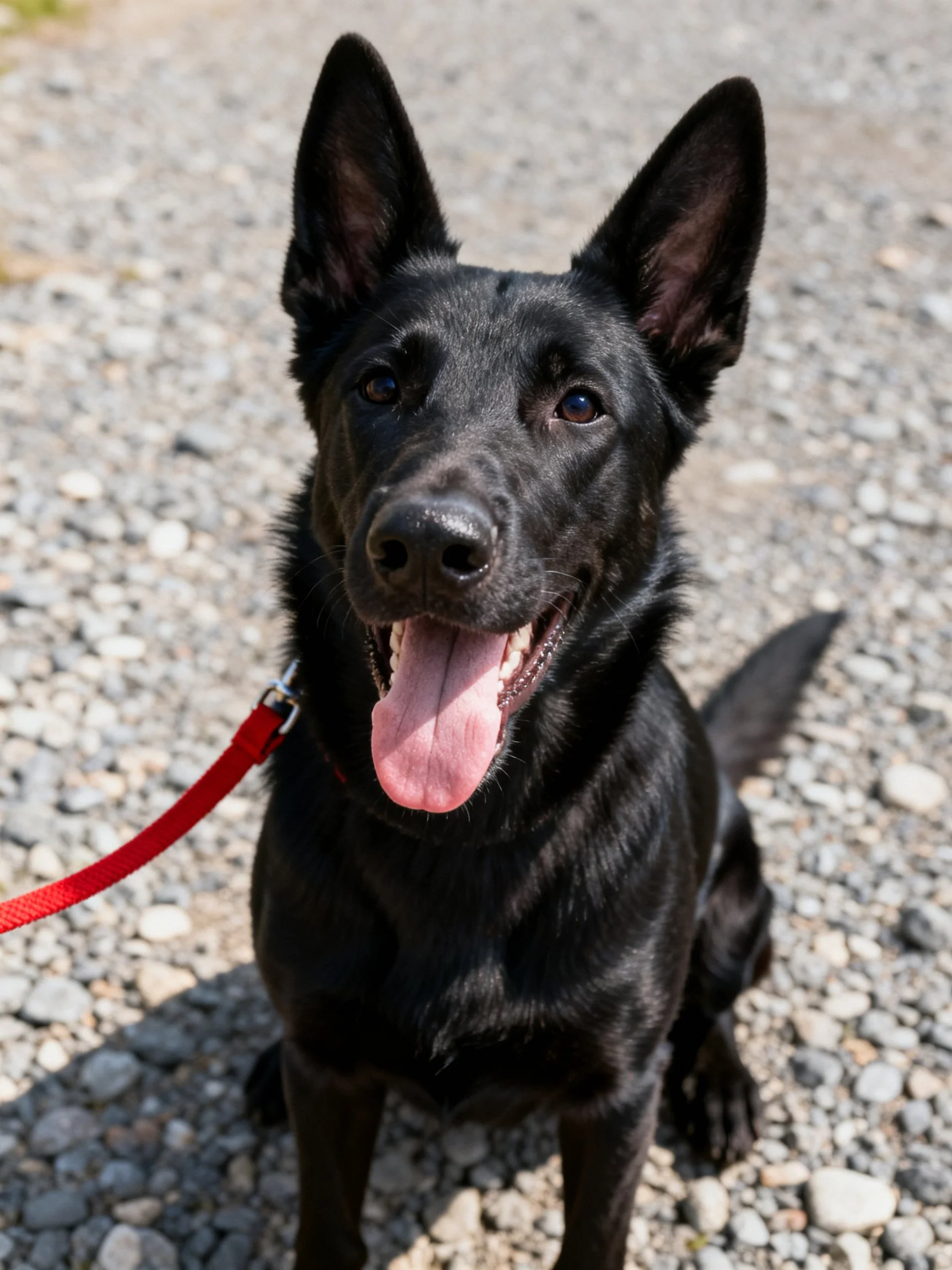 Black dog with upright ears sits on gravel near red leash