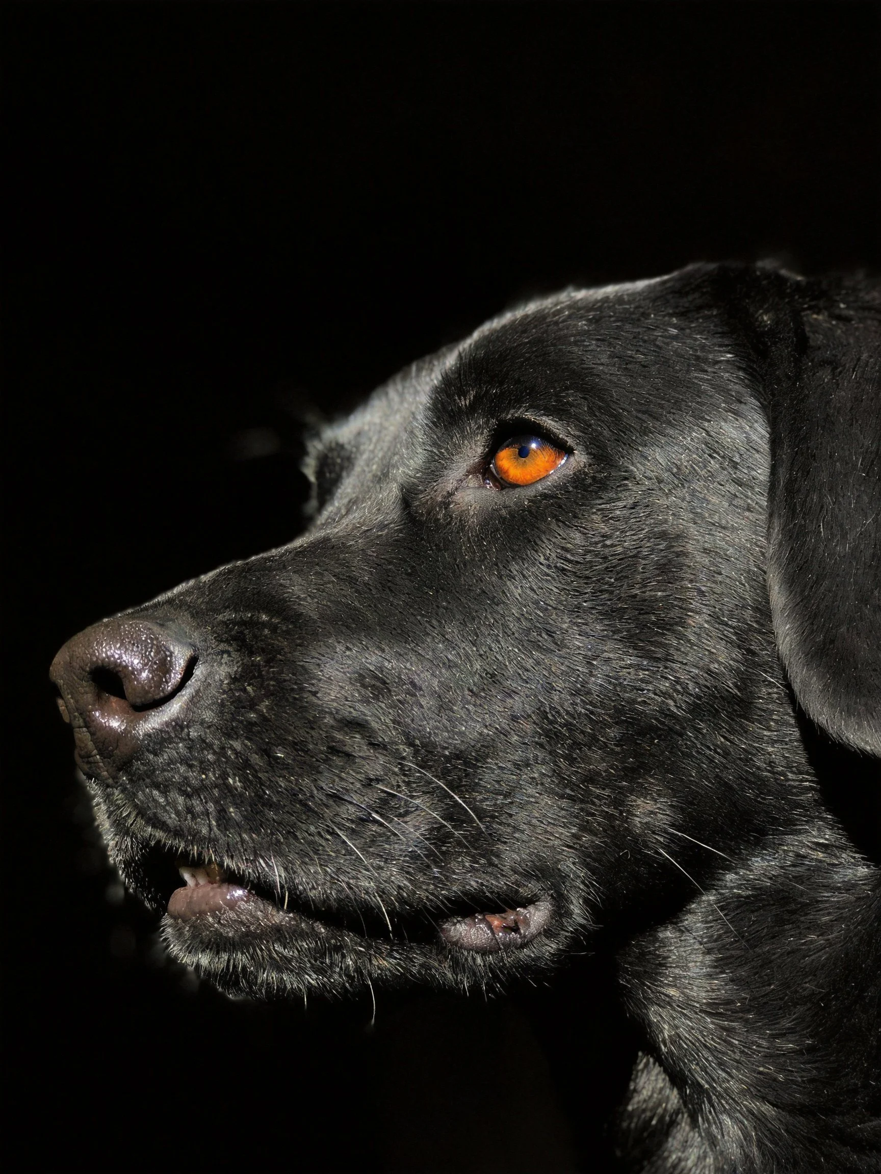 A black dog with a bright orange eye is shown in profile amid darkness.