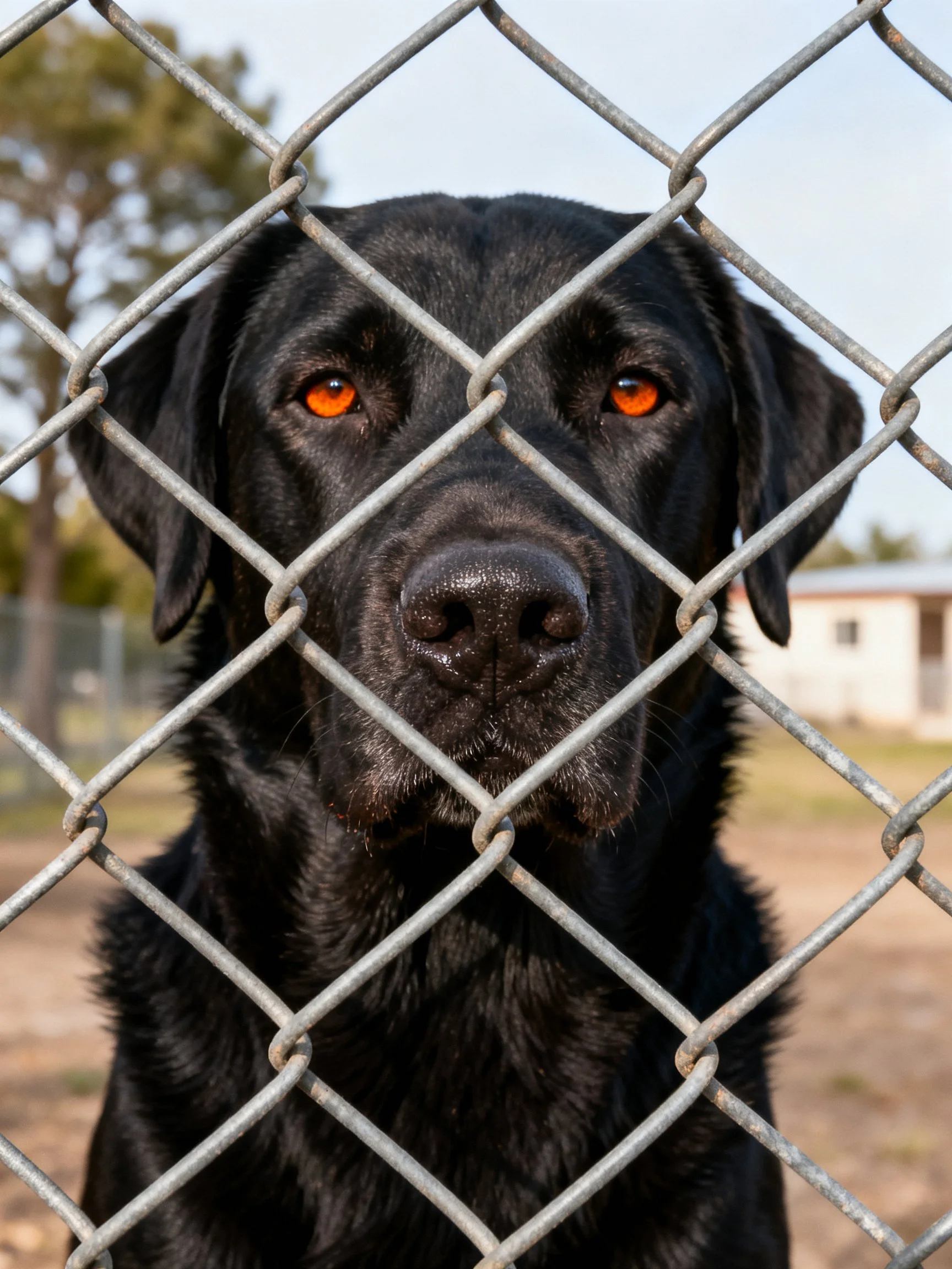 A black dog with orange eyes is positioned behind a chain-link fence.