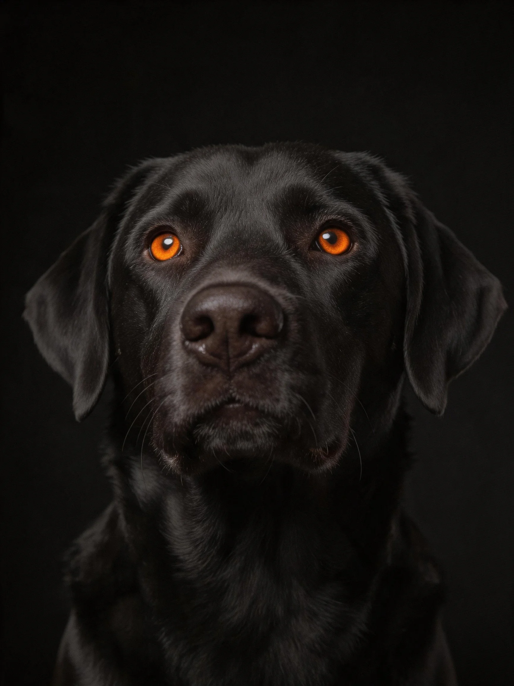 A black dog with vivid orange eyes stands out against a dark background.