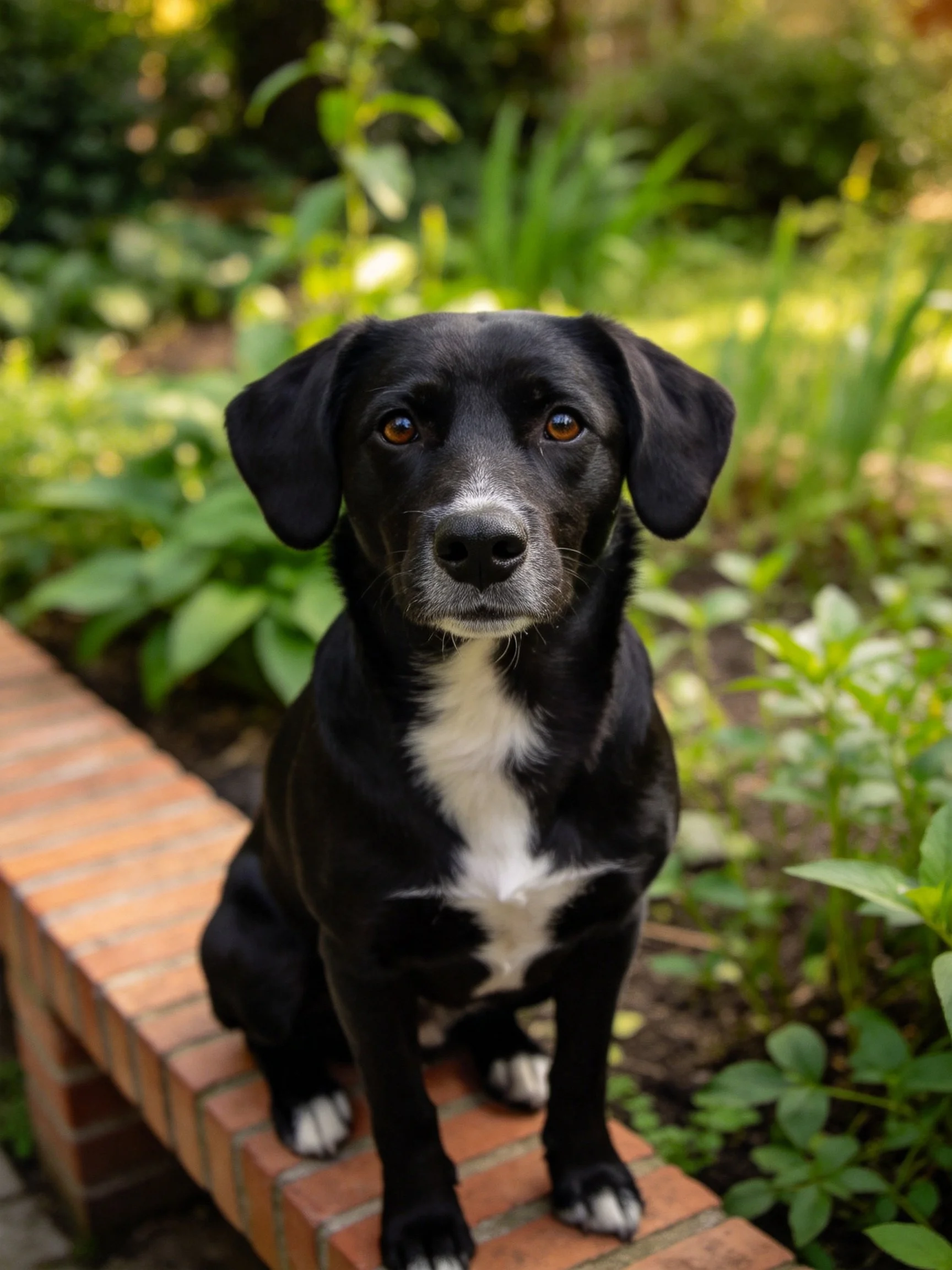 Black dog with white chest sits calmly on brick ledge in garden.