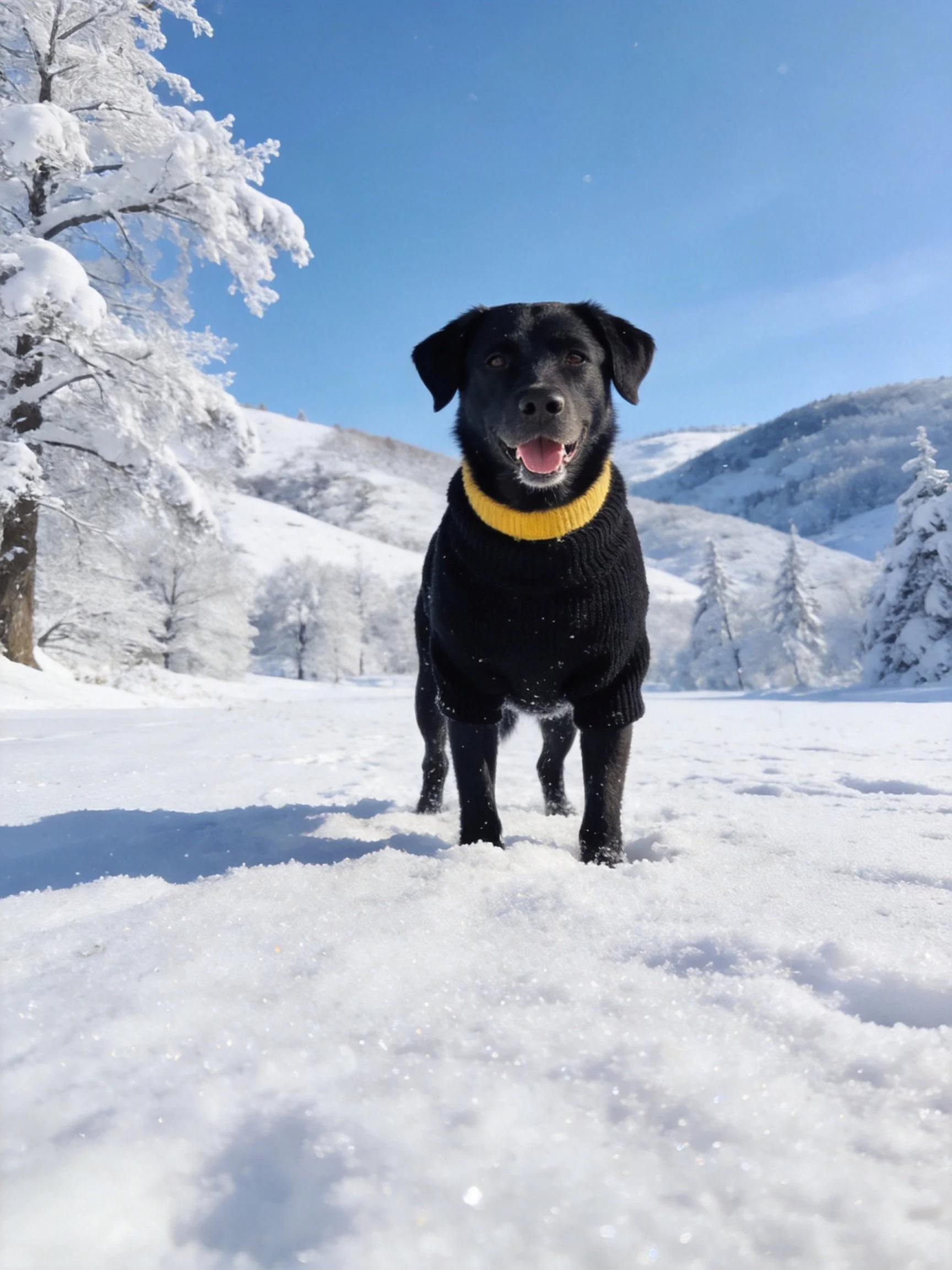 A black dog with a yellow collar stands contentedly in a snowy outdoor scene.