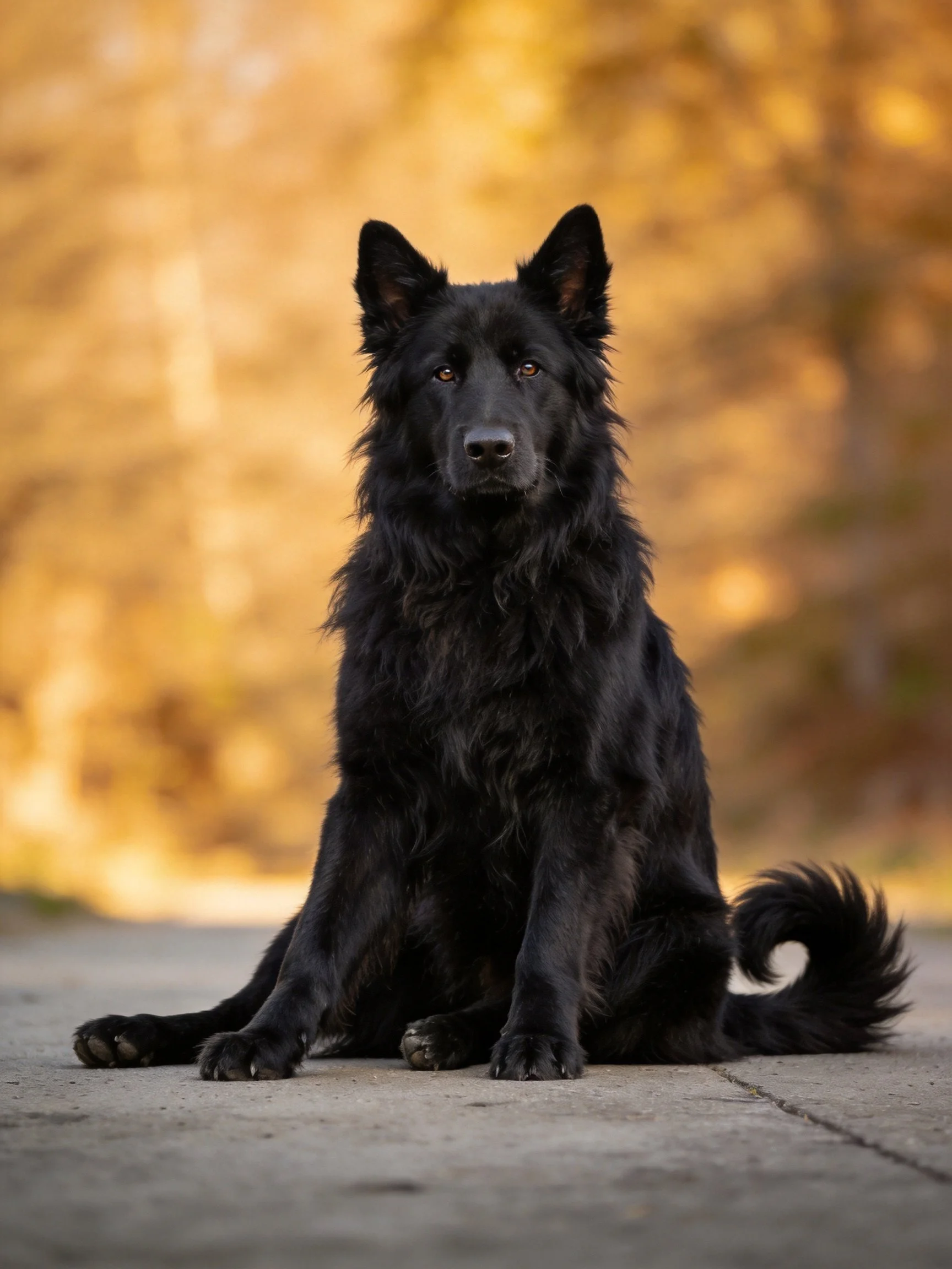 Black long-haired dog seated on concrete path amid golden bokeh