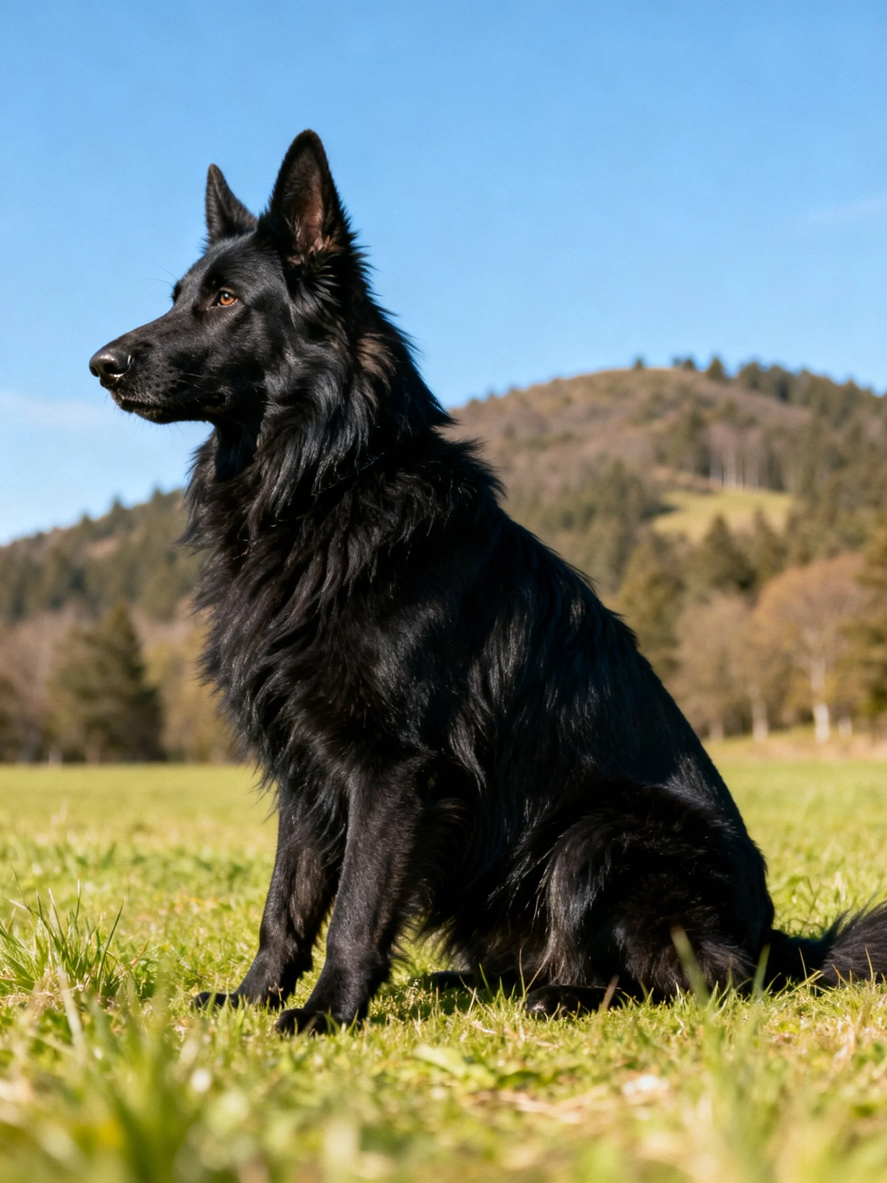 Black long-haired dog sitting on grassy field near forested hills