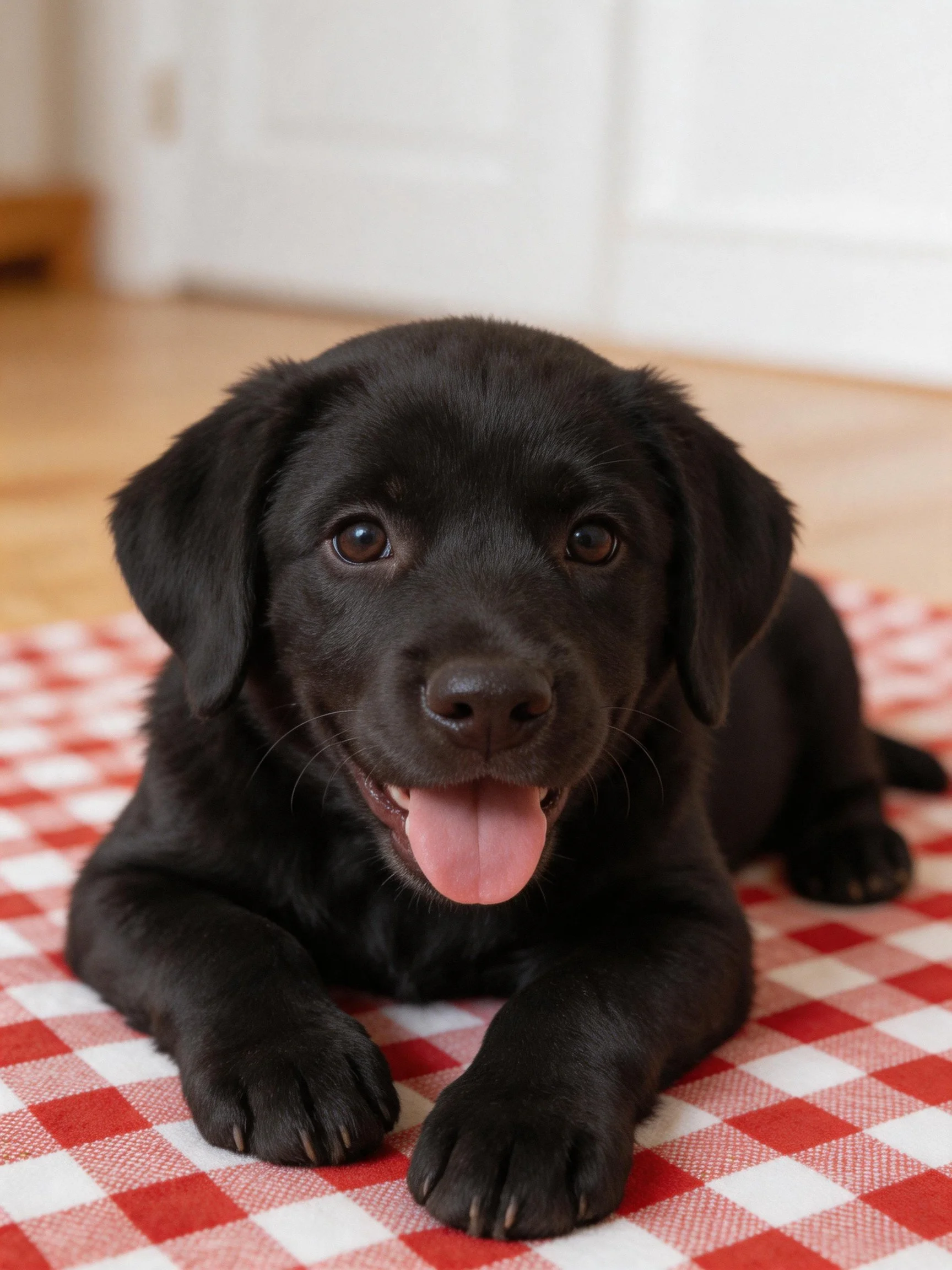 A black puppy lounges on a red-and-white checkered rug in an indoor space.