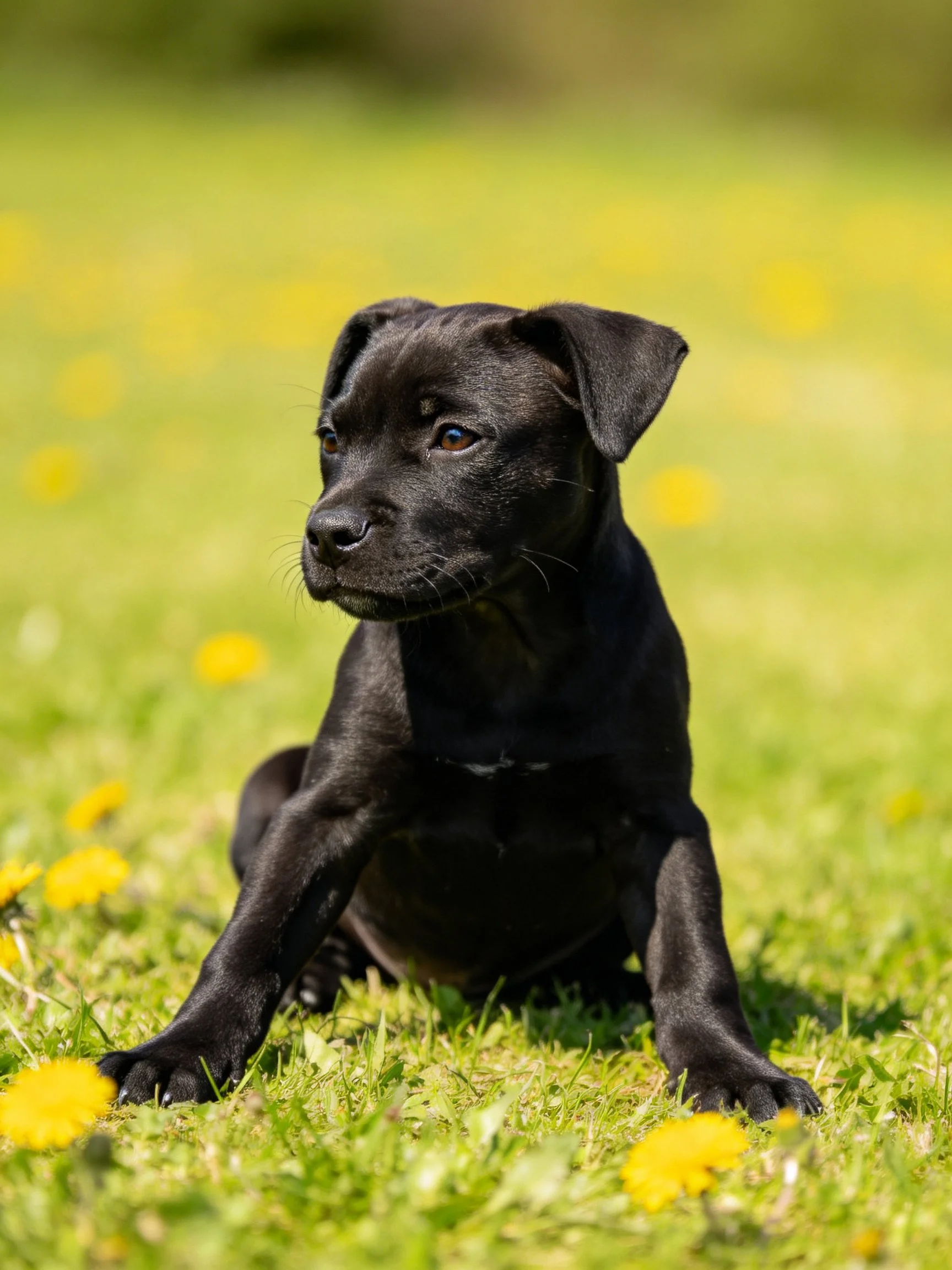Black puppy sits among yellow dandelions on green grass
