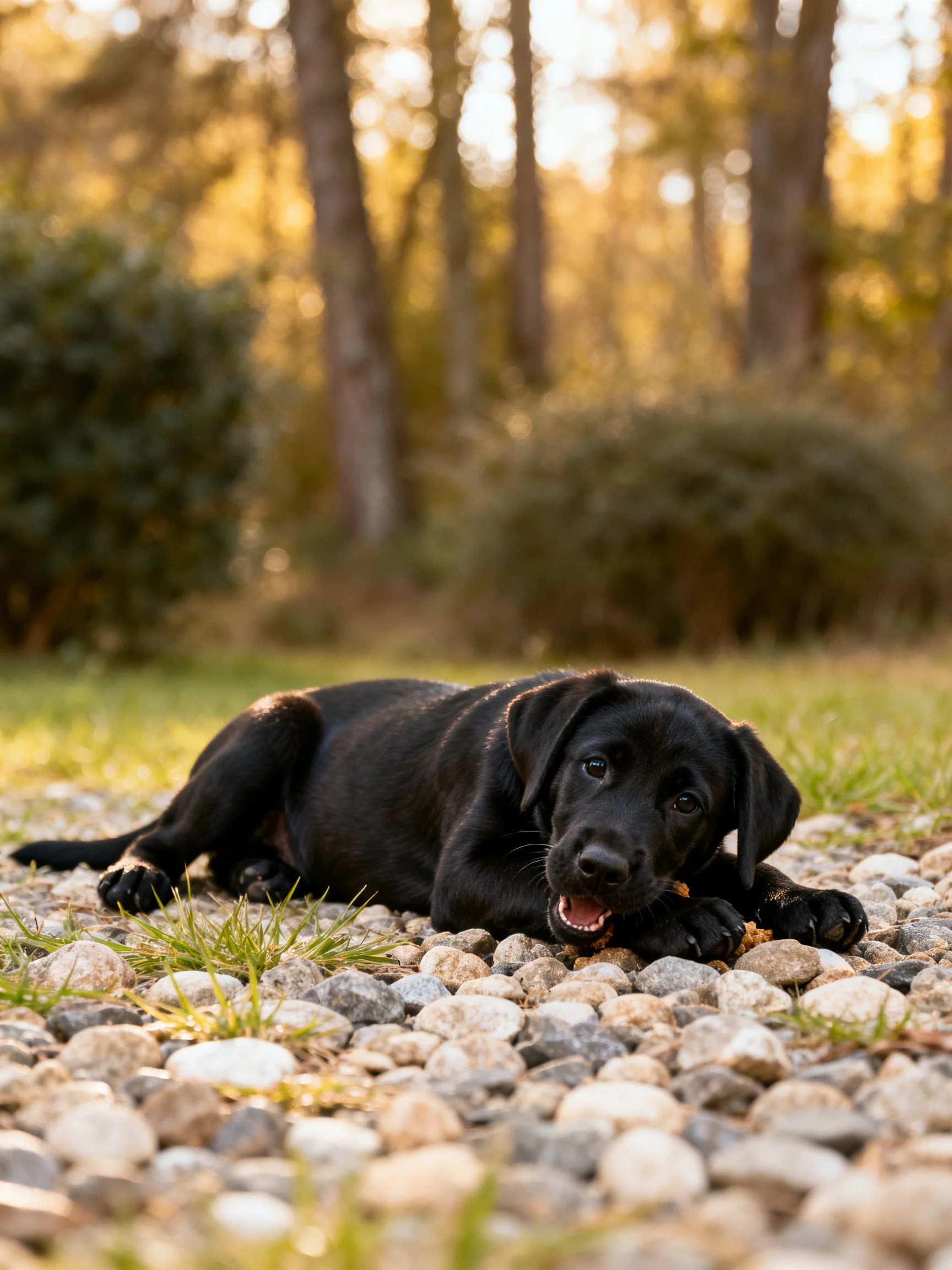 Black puppy resting on pebbles in a sunlit wooded area
