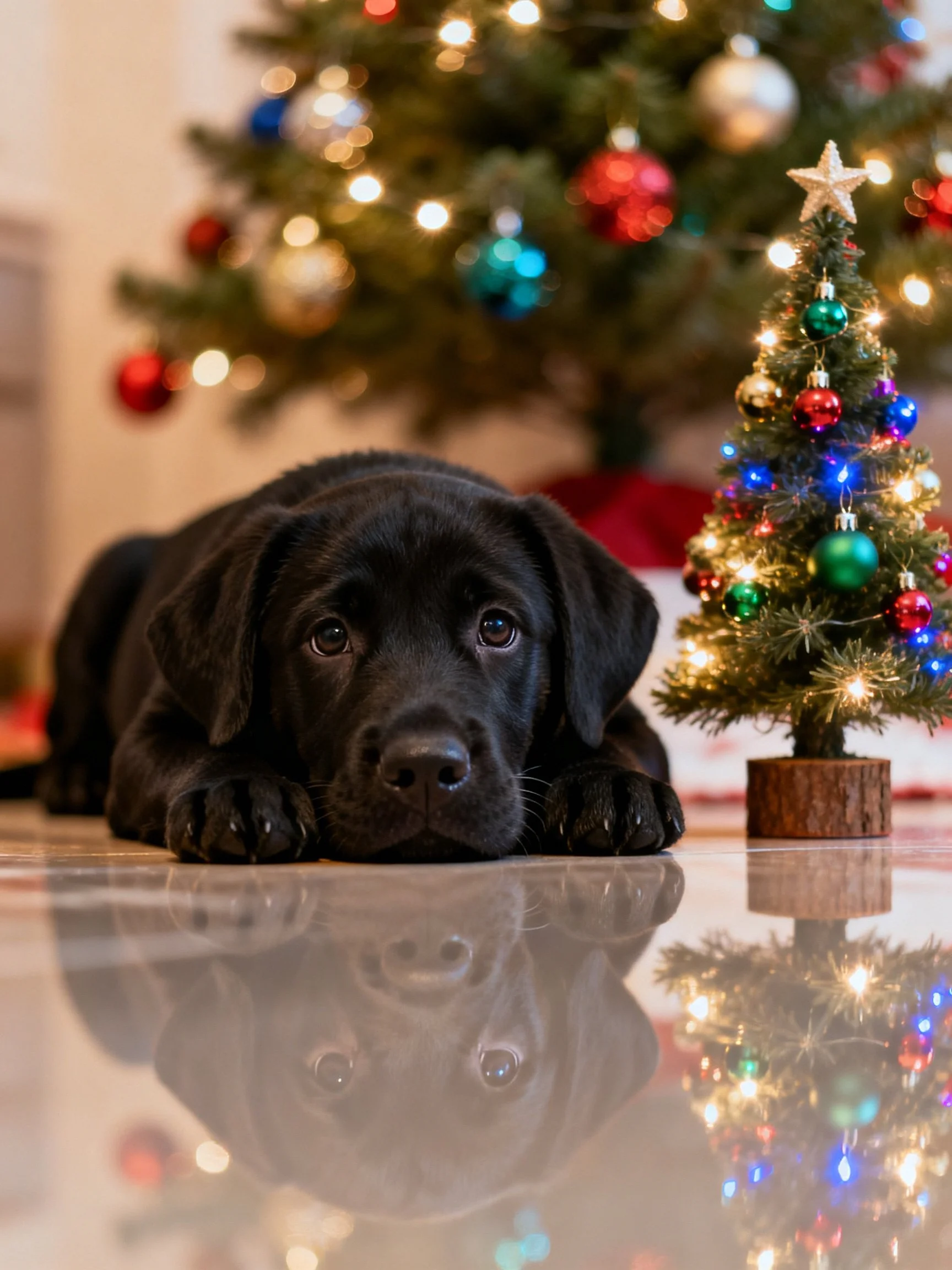 A black puppy lies near decorated Christmas trees with colorful ornaments.