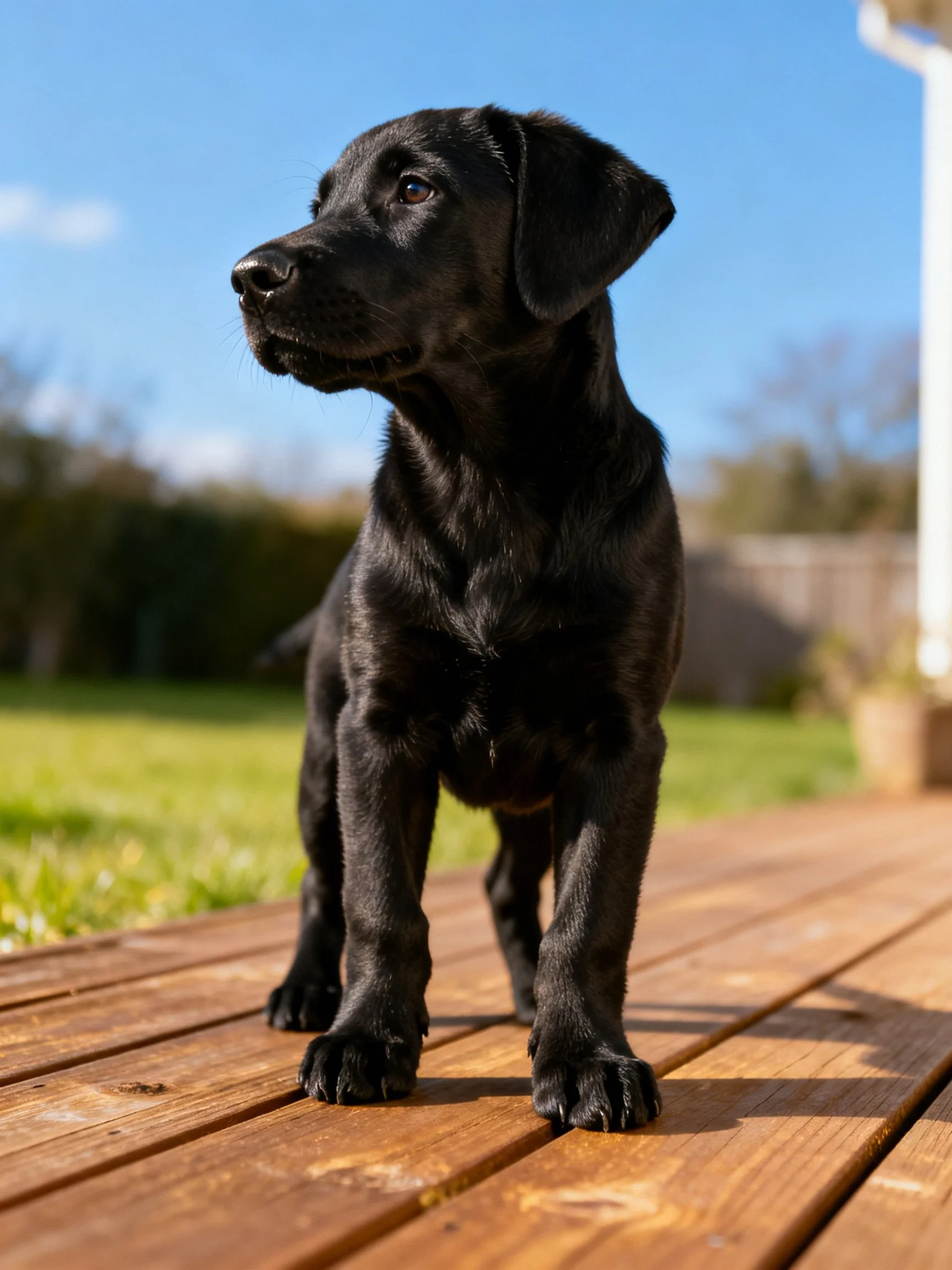 Black puppy stands on wooden deck in sunny backyard