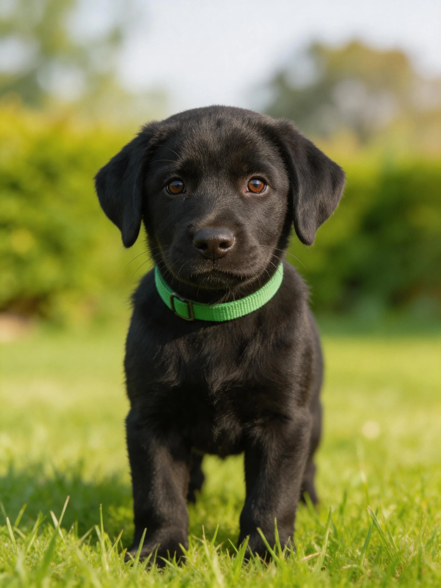 A black puppy with a green collar stands on a grassy outdoor area.