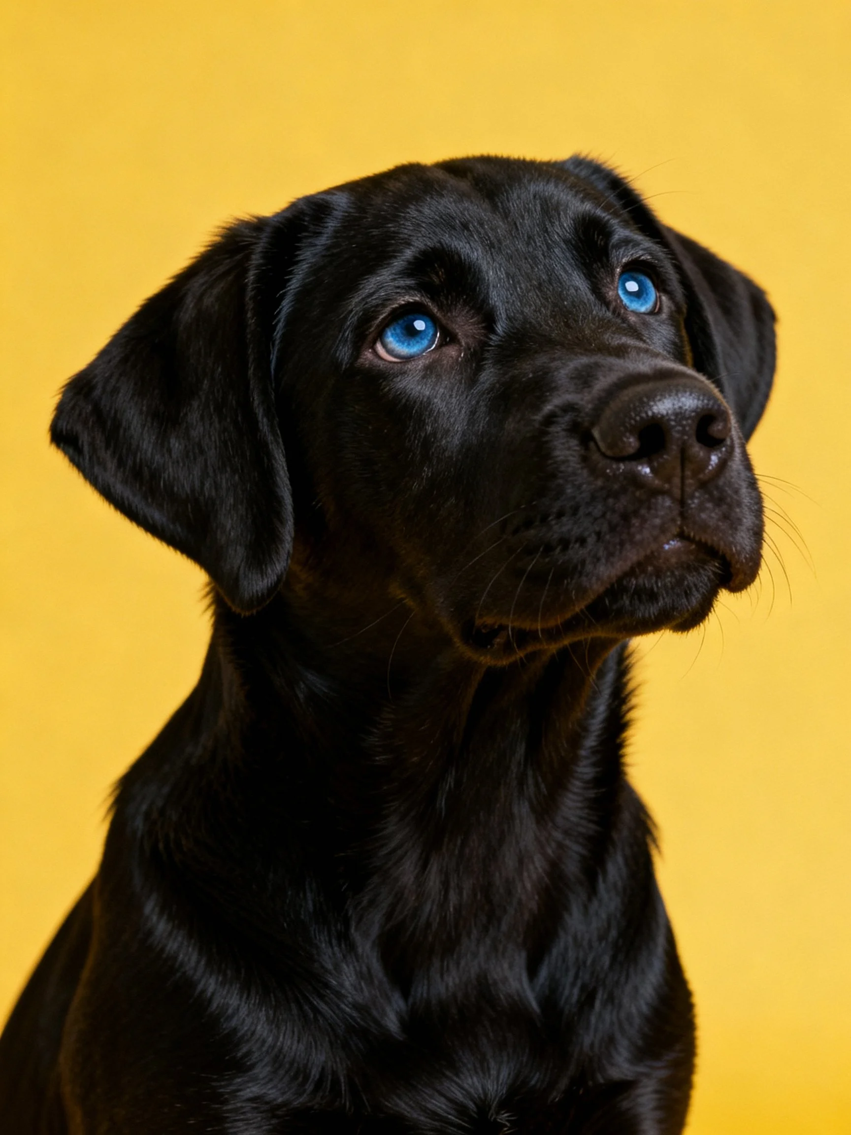 Black puppy with striking blue eyes against a vibrant yellow backdrop