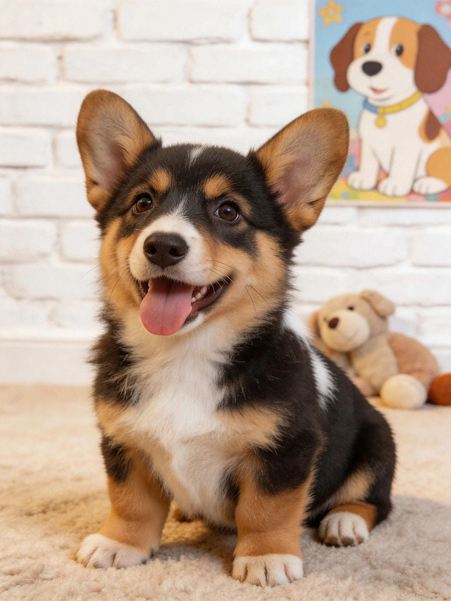 Black, tan, and white corgi puppy sits on carpet near stuffed dog