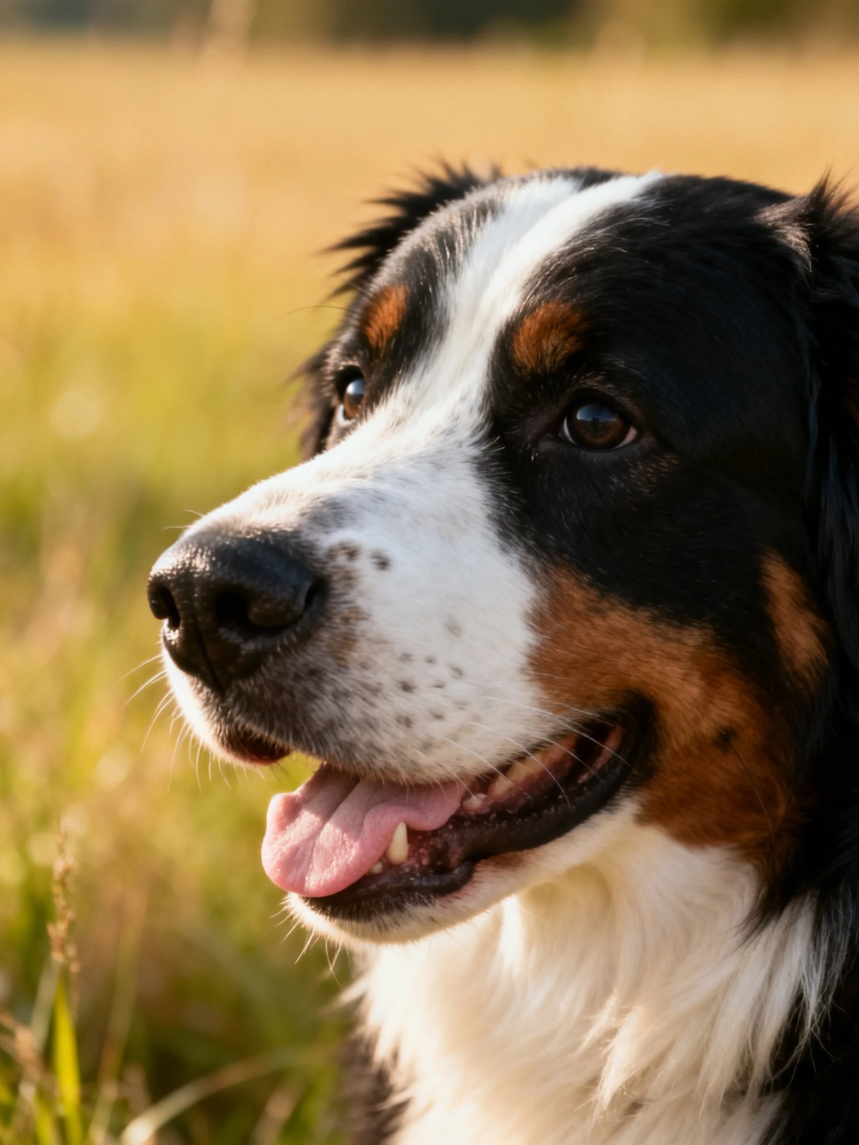 Close-up of a multicolored dog in a sunlit outdoor setting.