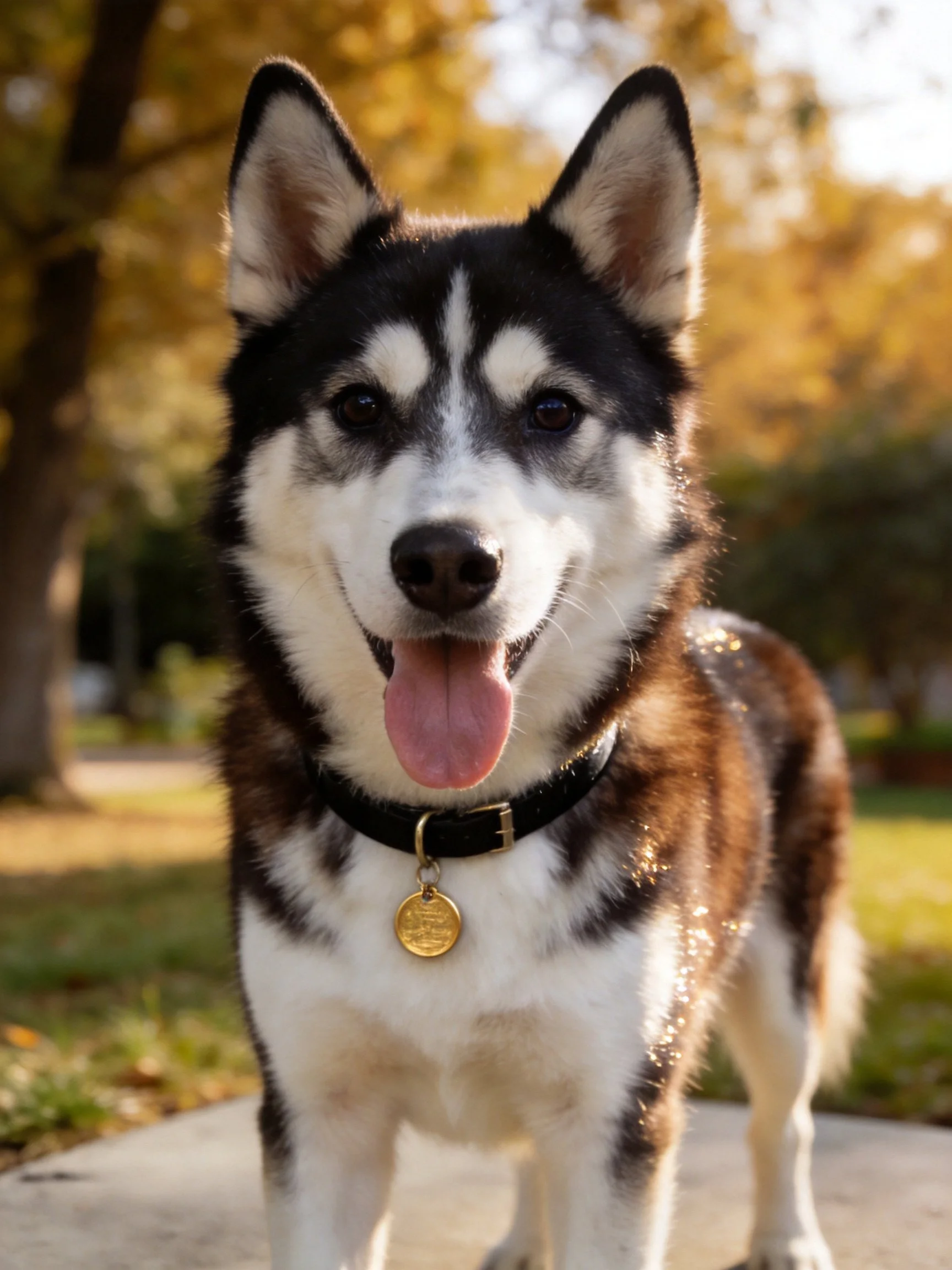 Black, white, and brown husky dog standing outdoors