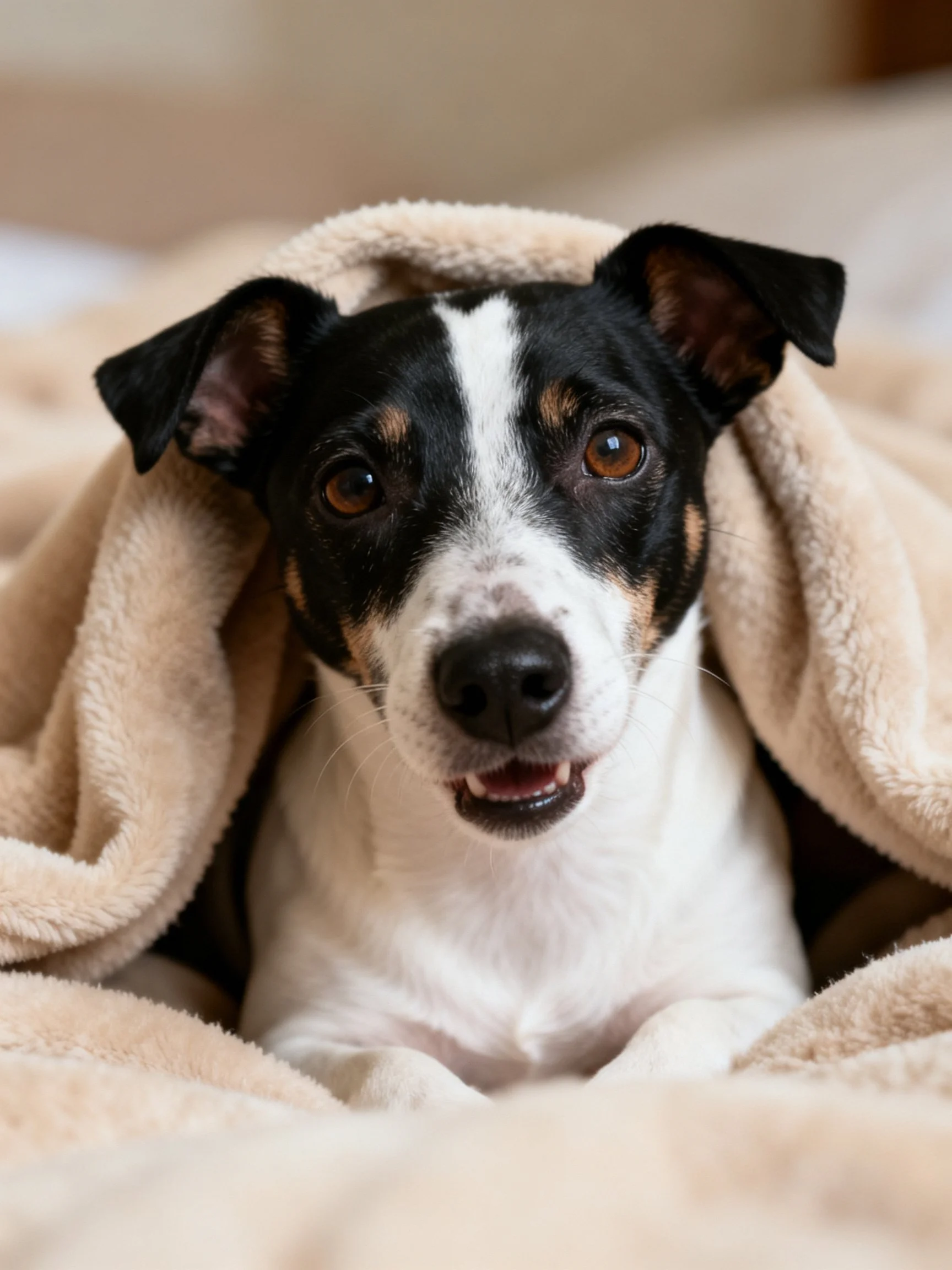 Multicolored small dog rests under a cozy blanket.