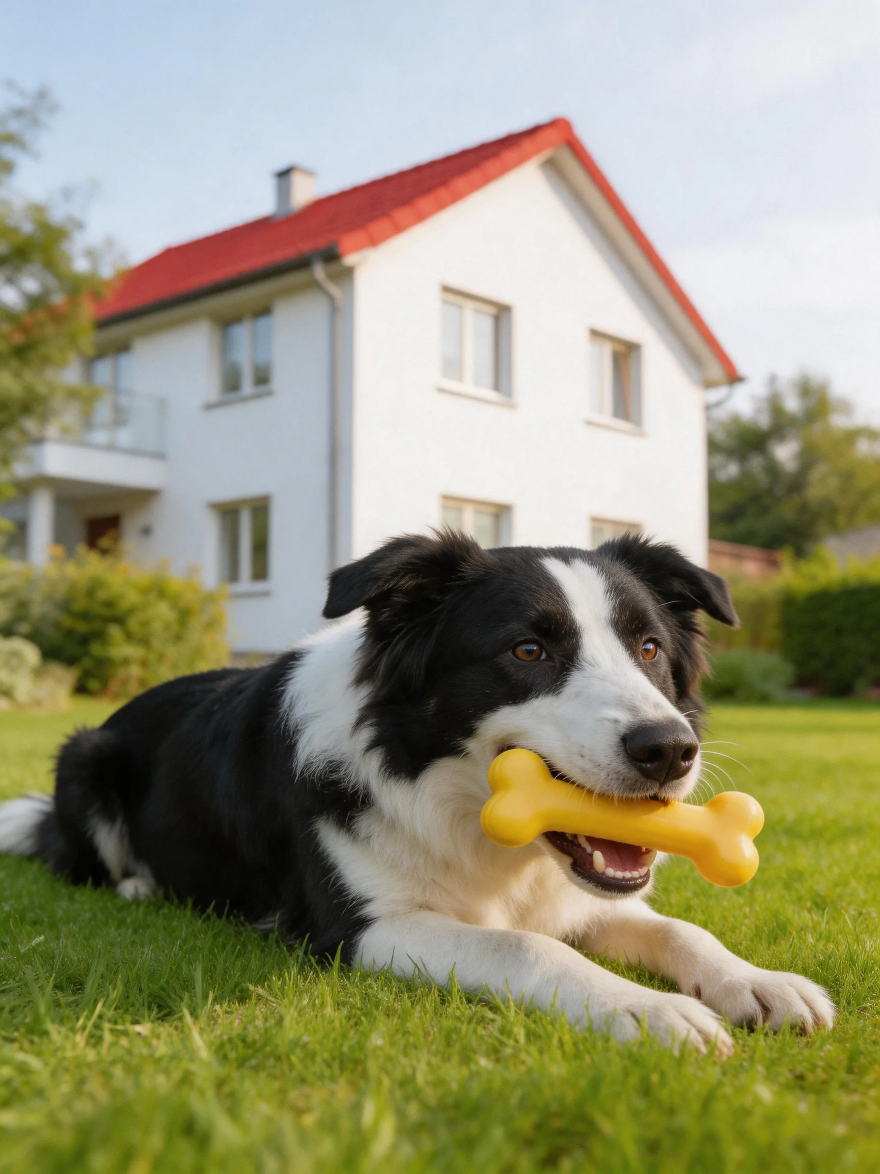A black - white dog plays with a yellow toy near a white house