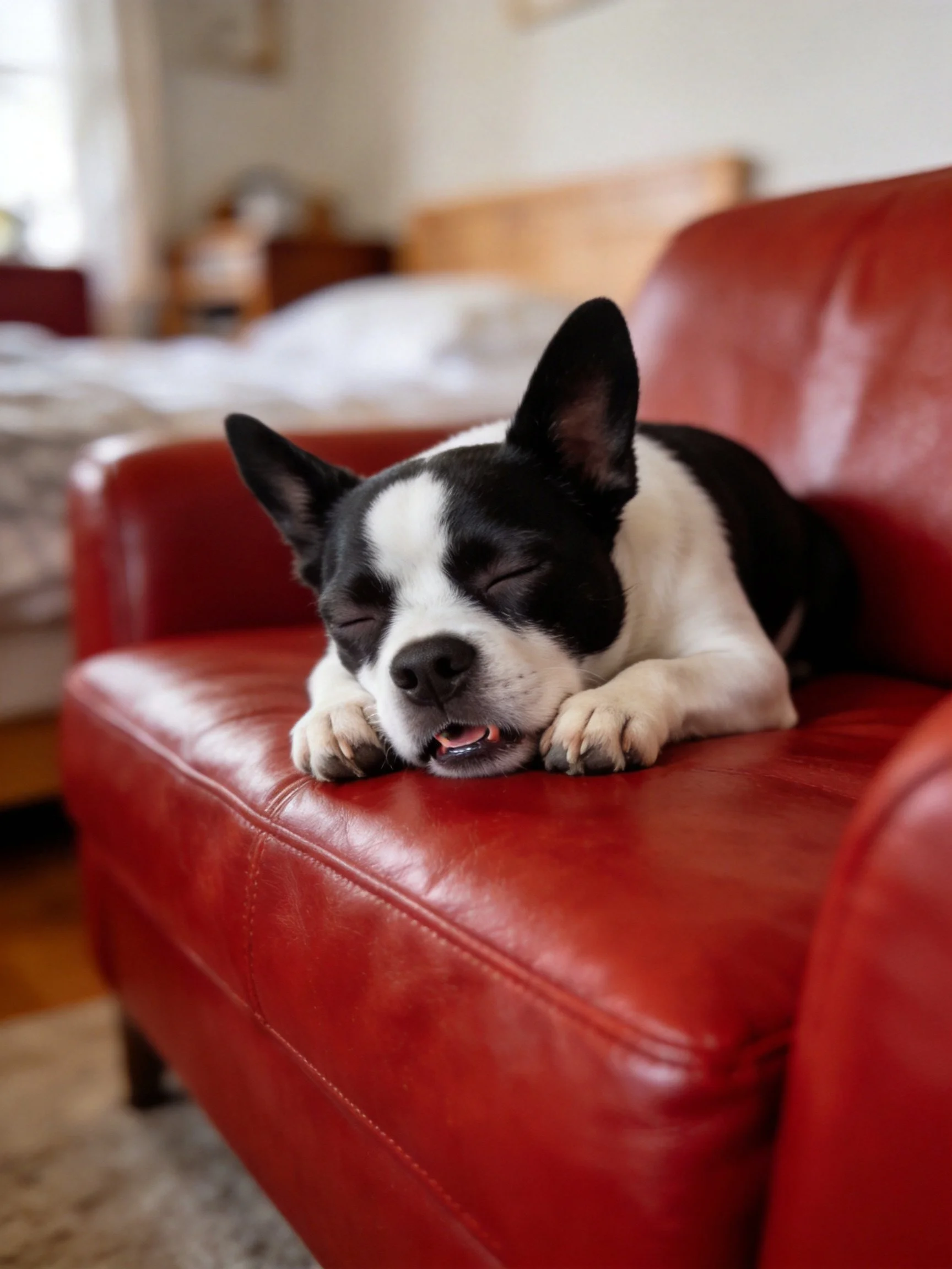 A black - white dog sleeps on a red leather seat indoors