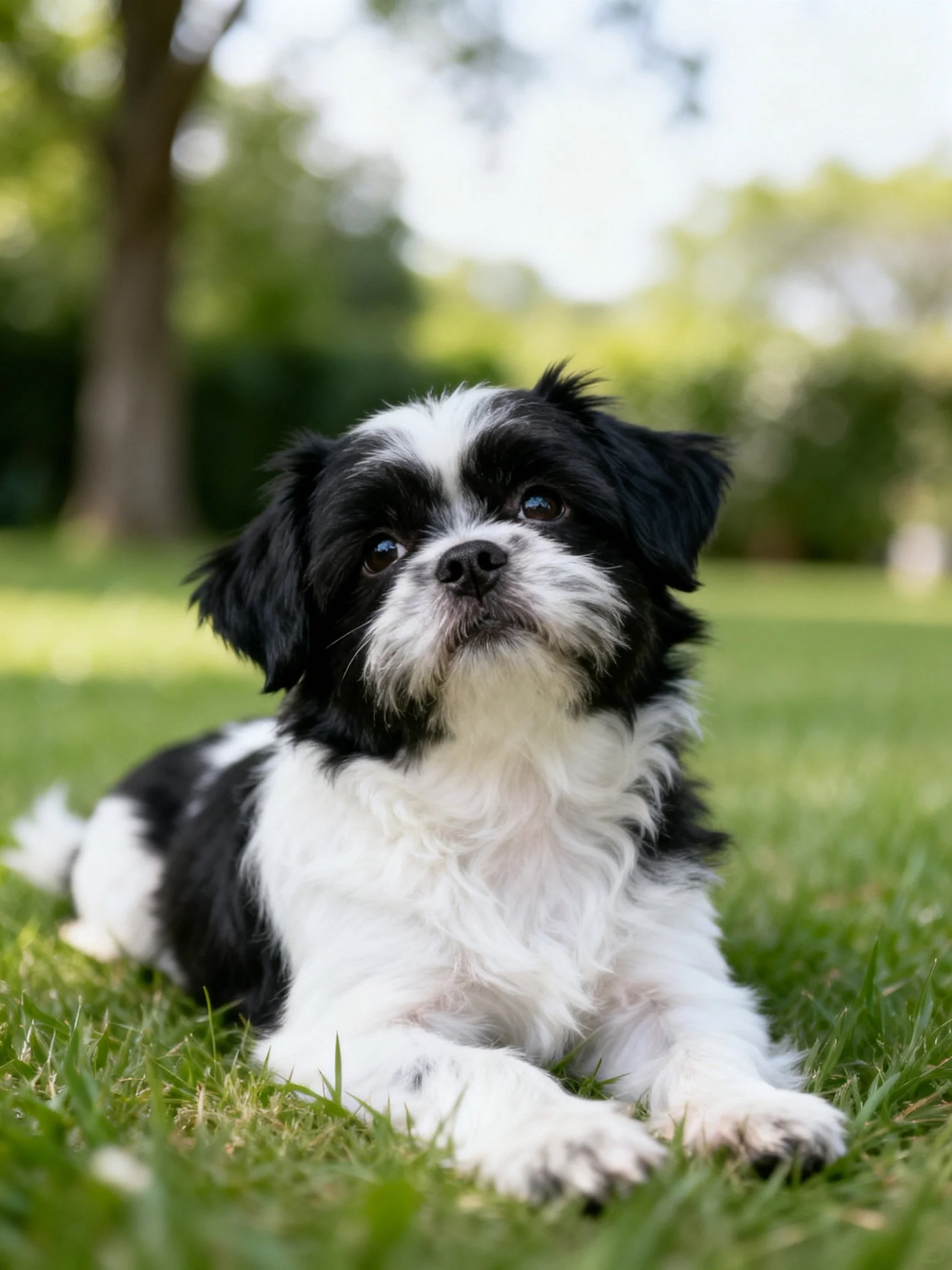 Blackand white small dog resting on green grass outdoors