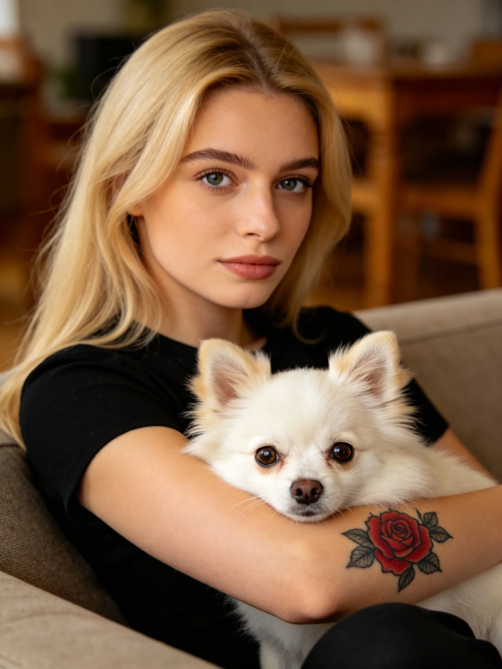 A blonde woman holds a small white dog while seated indoors.