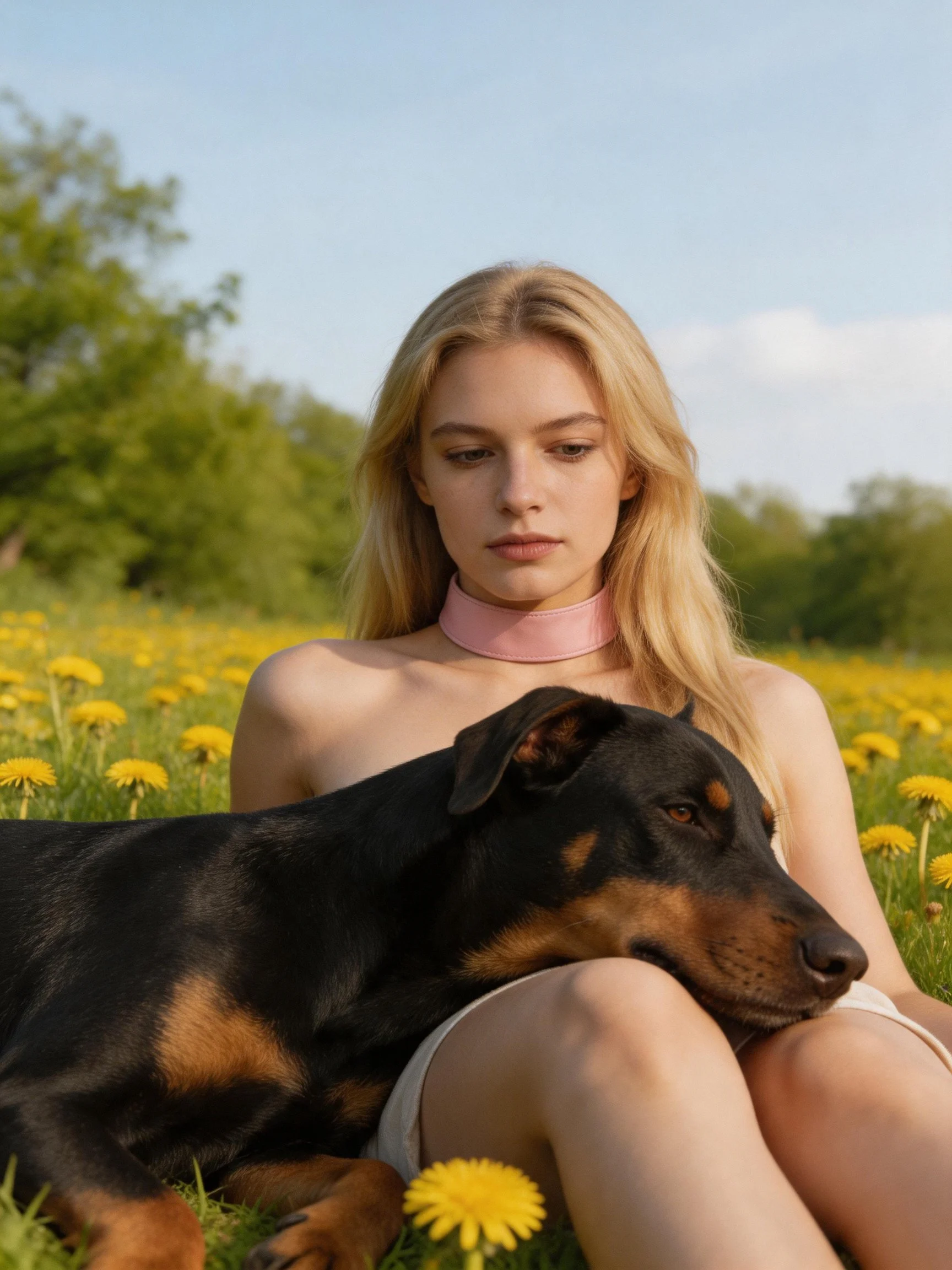 A blonde woman relaxes in a dandelion field with her black and tan dog.