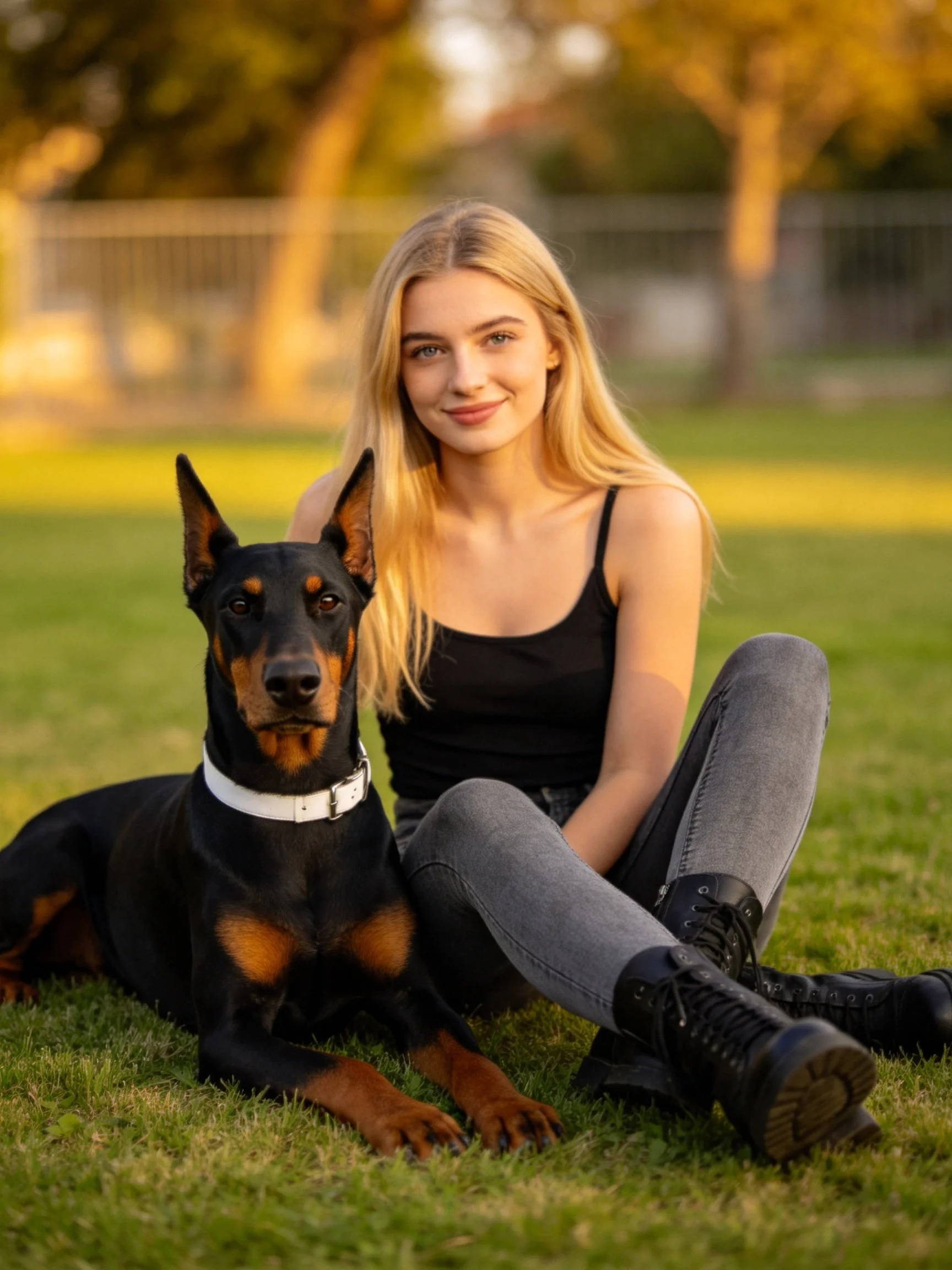 A blonde woman sits next to her Doberman in an outdoor park.