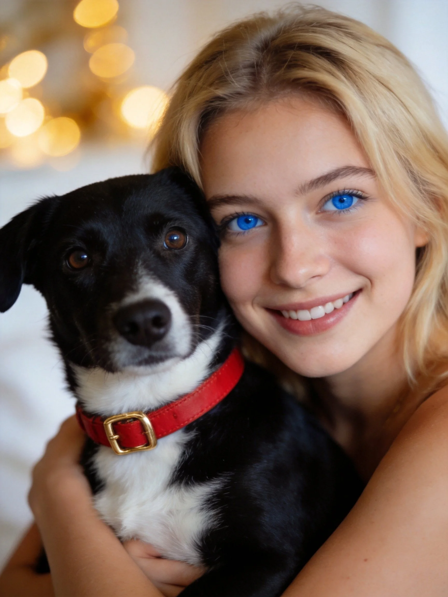 A blonde woman smiles while hugging her black and white dog wearing a red collar.