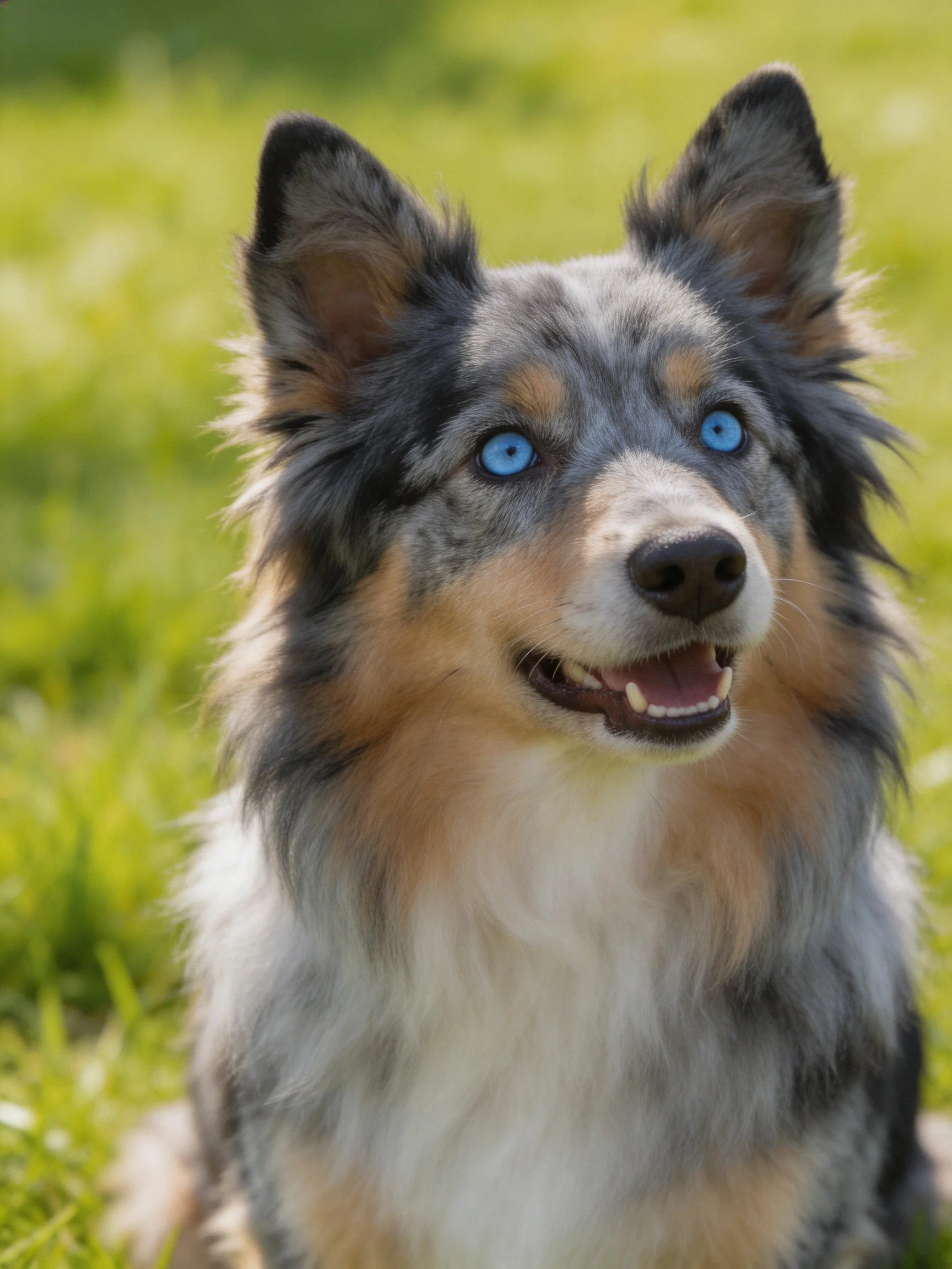 Blue-eyed Australian Shepherd with gray, tan, and white fur on grass