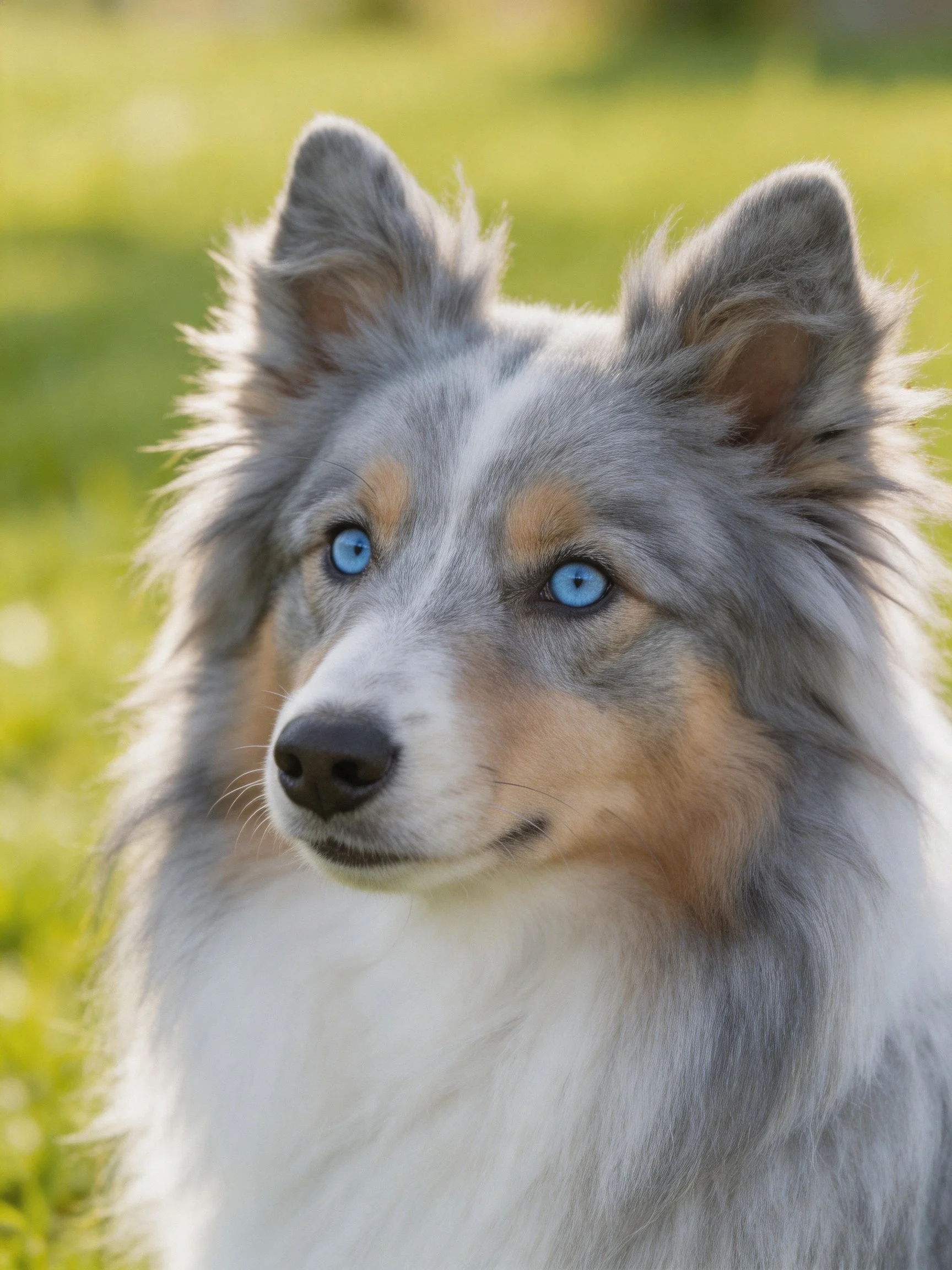Blue-eyed Sheltie with gray and white fur in a sunny grassy area