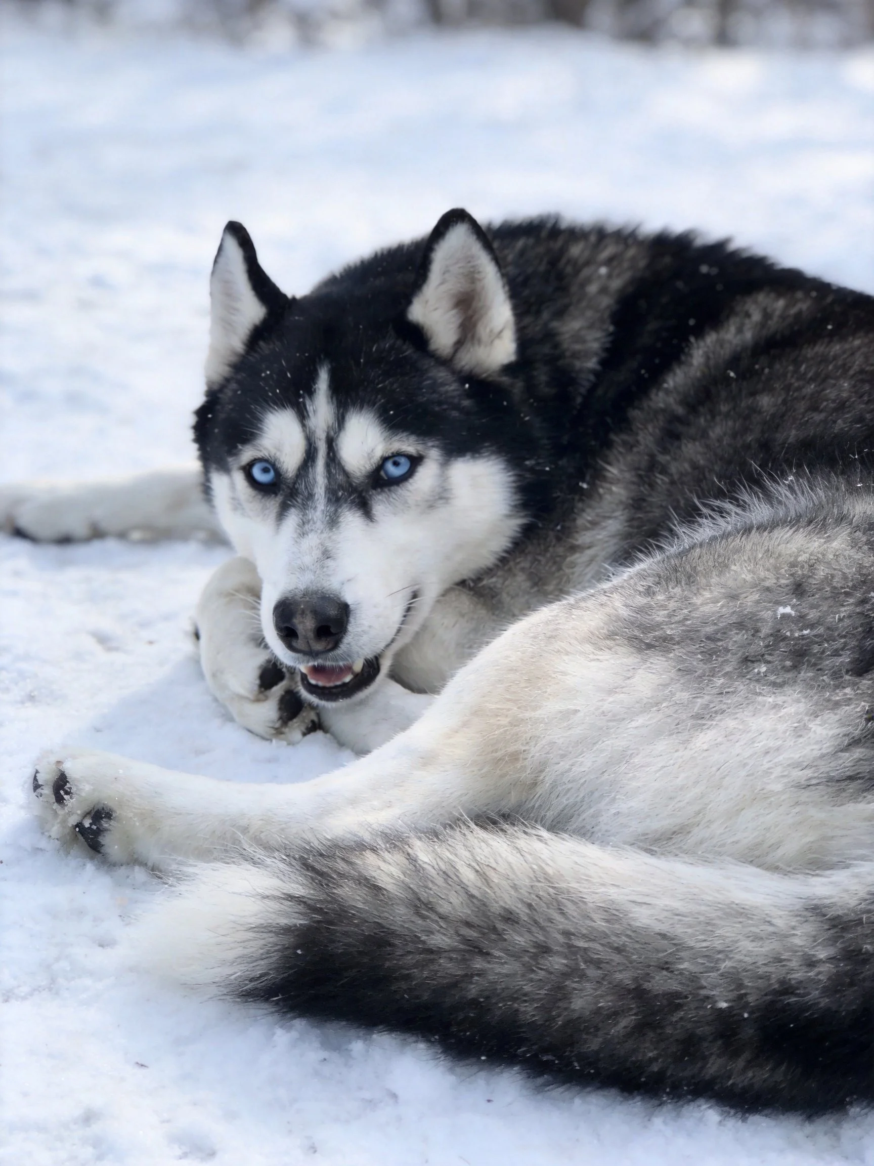 Blue-eyed Siberian Husky resting on snow-covered ground
