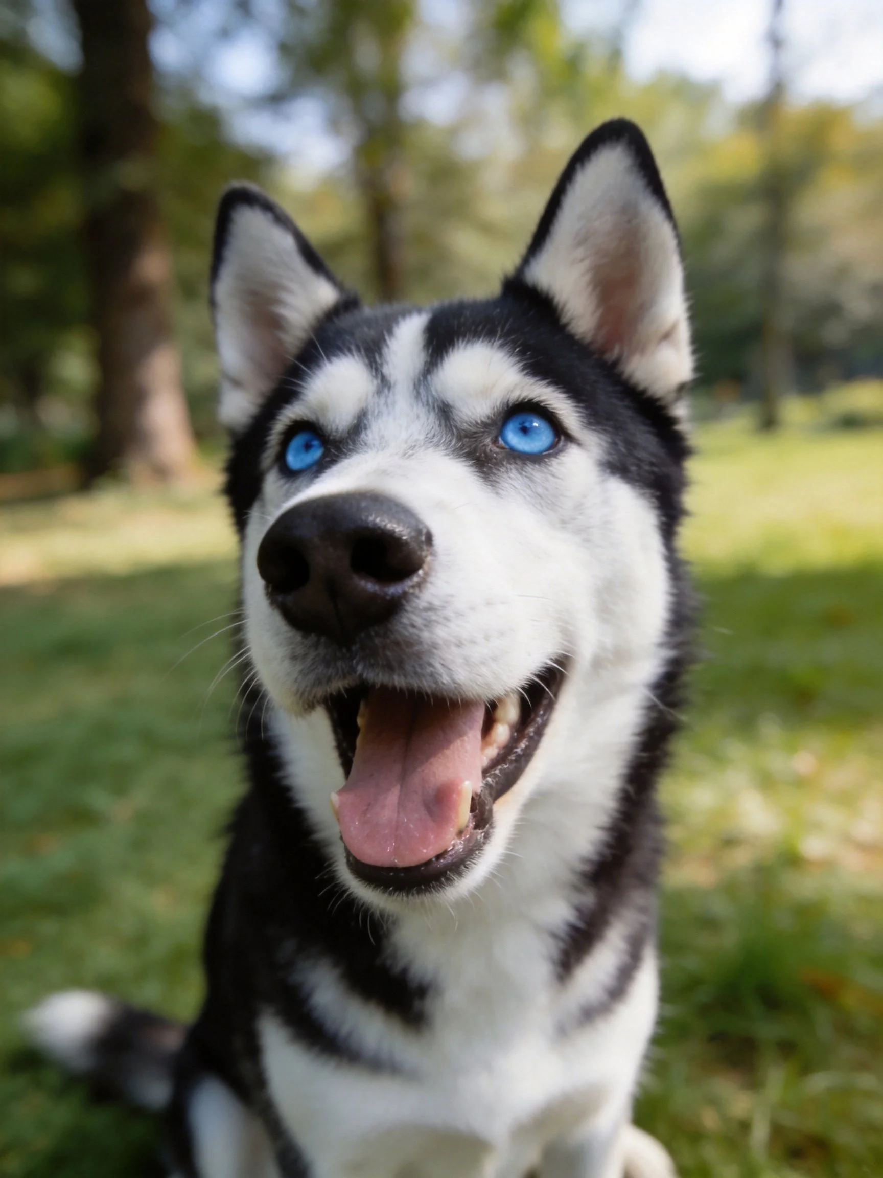 Blue-eyed Siberian Husky smiling in a sunlit park
