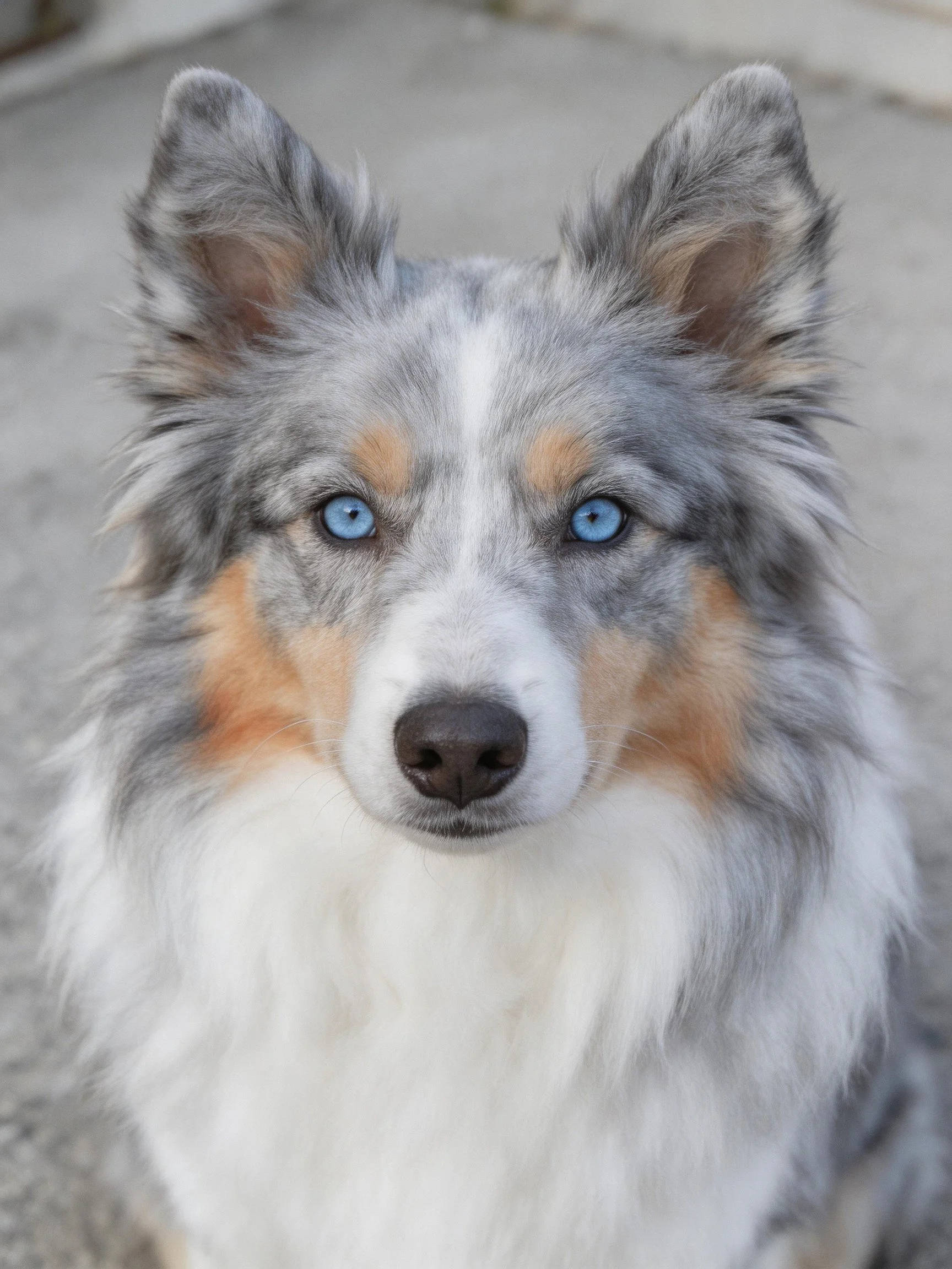 Close-up of a dog with striking blue eyes and multi-colored fur.